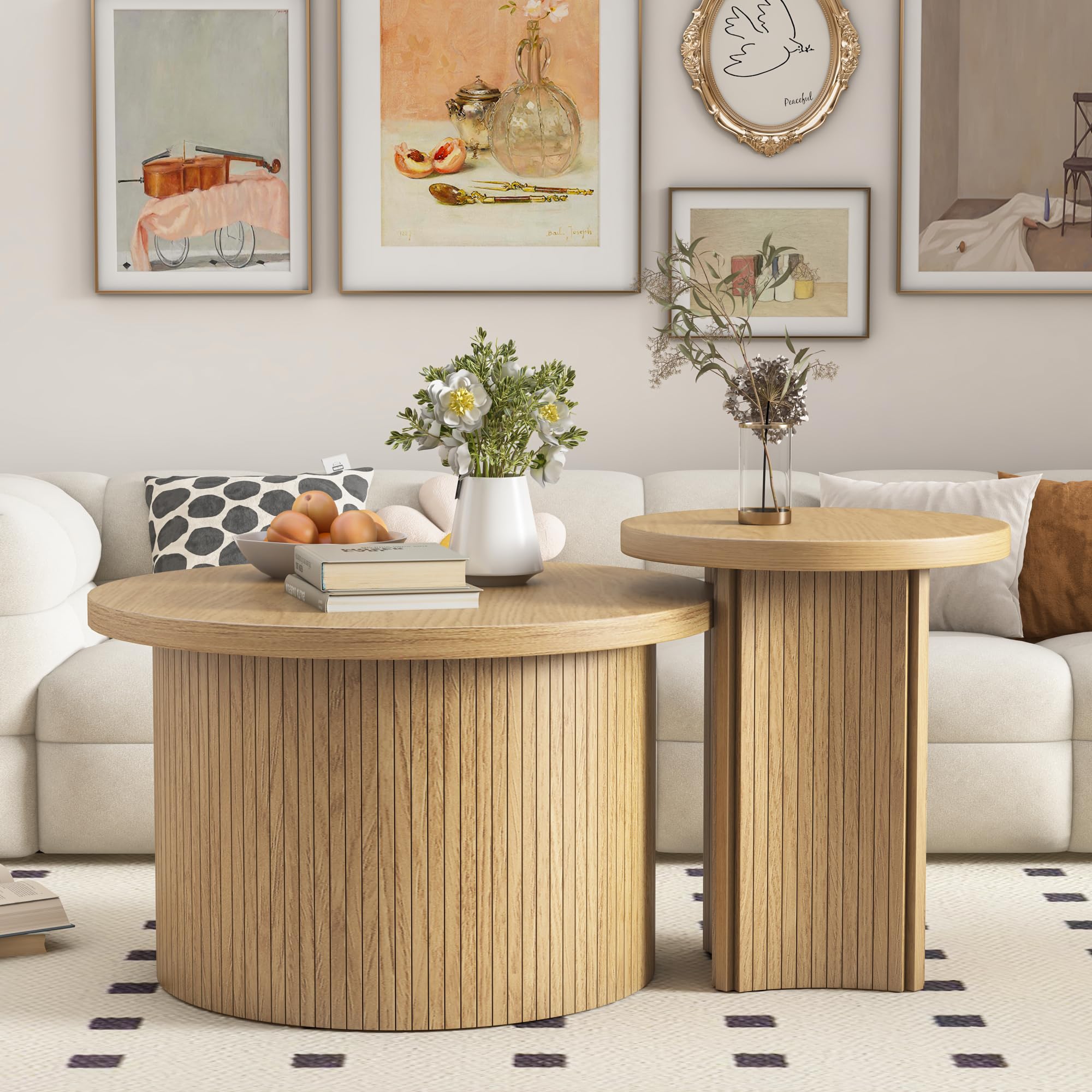 Round Nesting Coffee Table Set of 2 - Wood Finish Stackable Side Tables for Living Room & Bedroom - Rustic Modern Sofa Table - Perfect for Small Spaces, Home Decor & Coffee Time