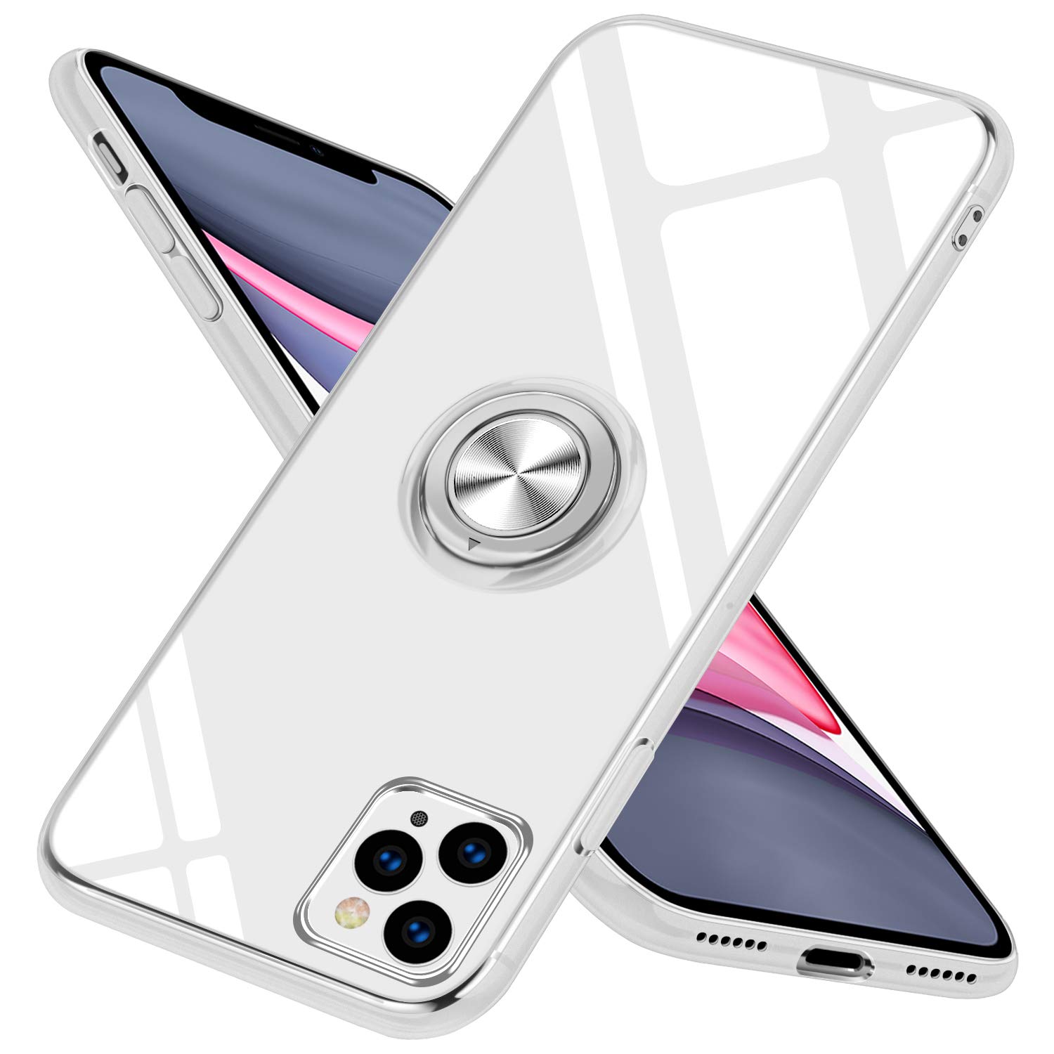 Guuboly iPhone 11 Pro Case [6.1 Inch] - Crystal Clear Silicone Cover with Ring Holder & Kickstand | Magnetic Car Mount Compatible | Flexible Rubber Bumper for Shockproof Protection | Perfect for Work, Travel, and Everyday Use