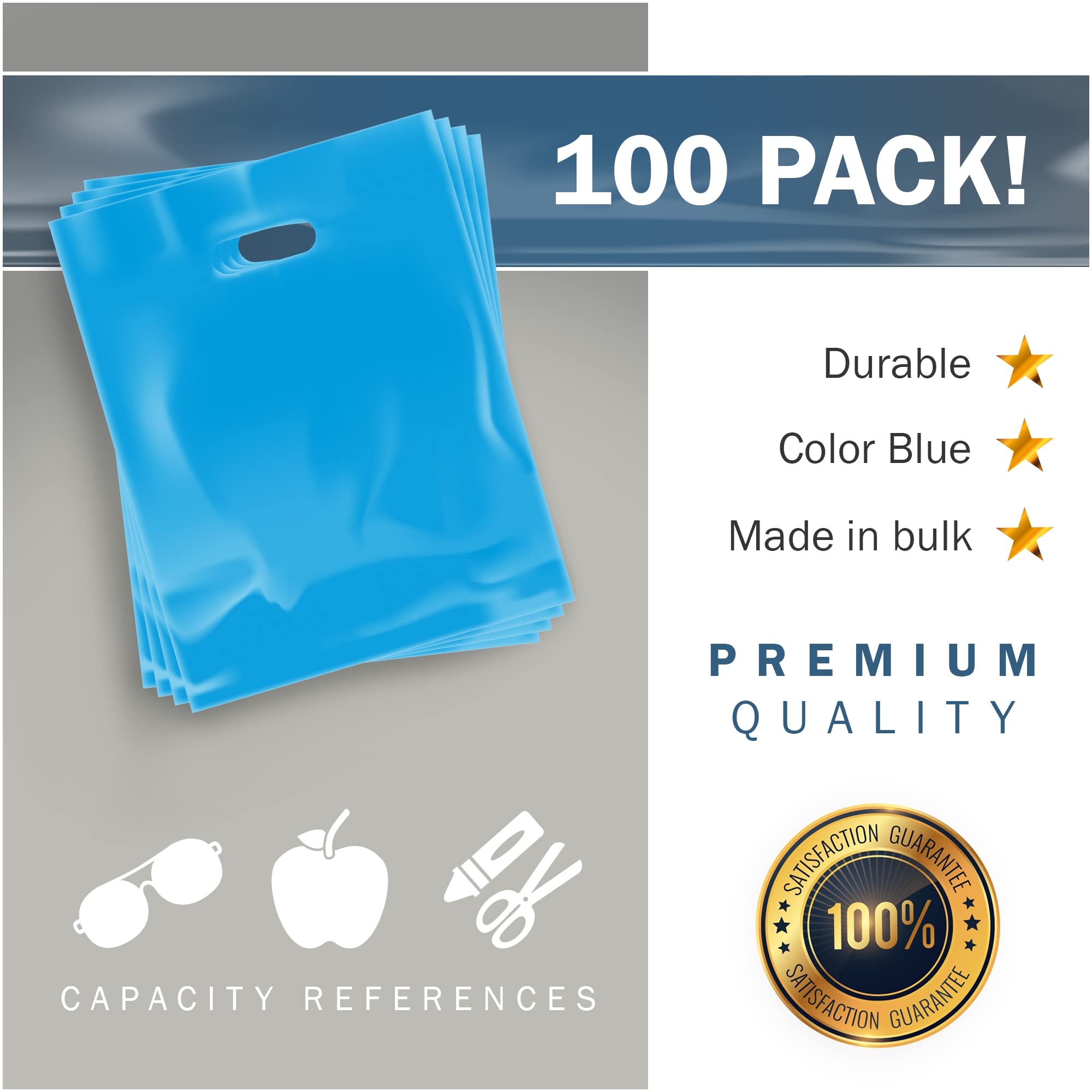 100 Pack Blue Glossy Plastic Shopping Bags with Handles 9x12x1.25 Inches - Bulk Merchandise Bags for Boutique, Retail Store, Gift Shop & Toy Store - Perfect for Packaging, Promotions & Customer Purchases