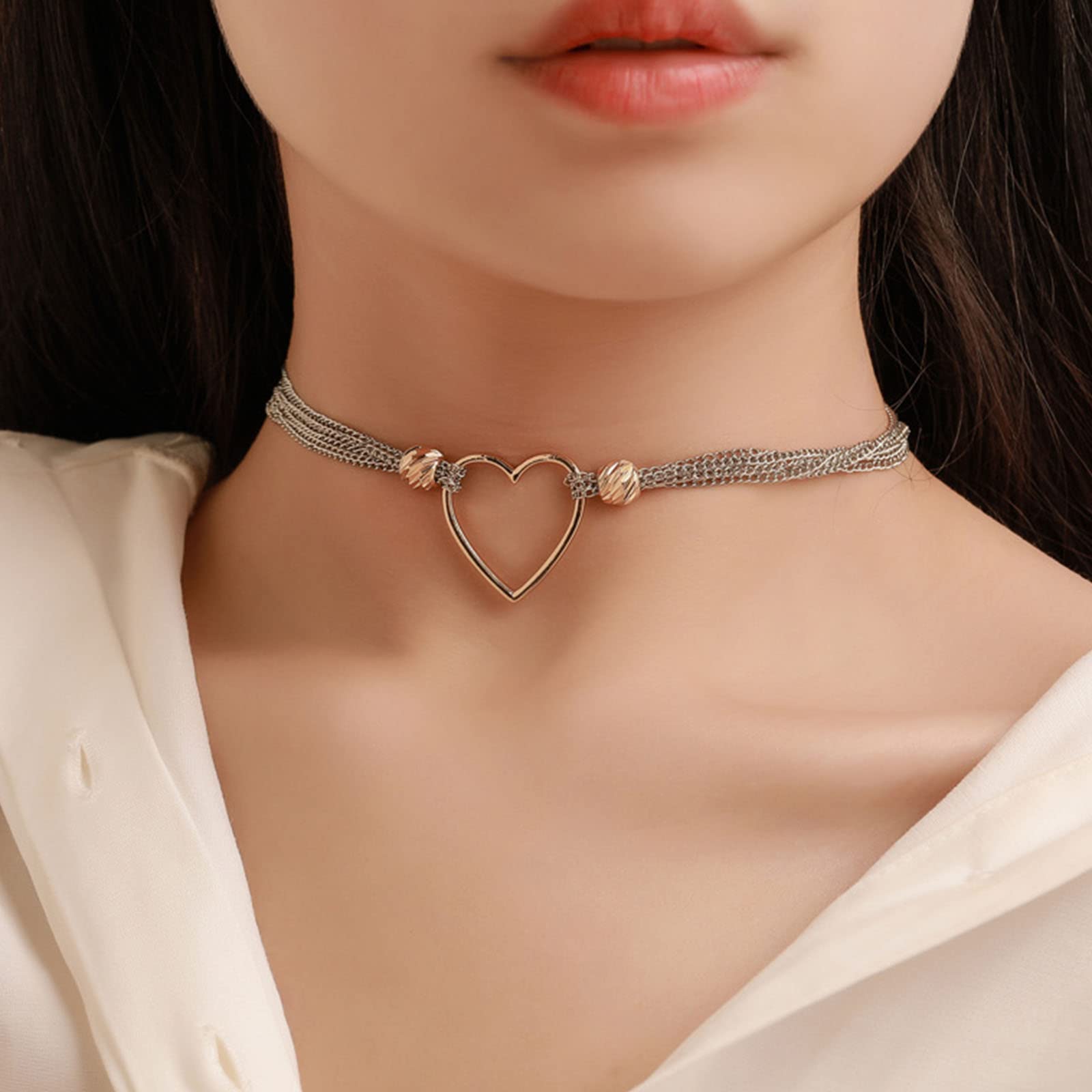 YienDoo Gold & Silver Heart Pendant Necklace - 4 Line Clavicle Chain Hoop Choker with Charm, Elegant Statement Jewelry Gift for Women, Girlfriend, Wife | Perfect for Valentine's Day, Anniversary, Date Night & Special Occasions