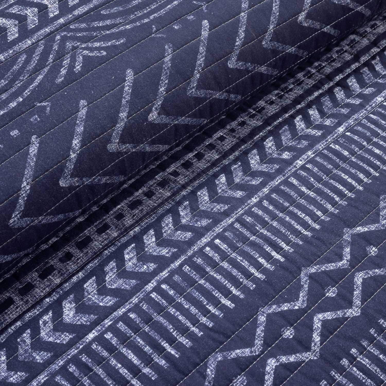 Lush Decor Hygge Geo Pattern Striped 3-Piece Quilt Bedding Set - Full/Queen Size Navy Blue - Cozy Bedroom Decor for Modern Homes & Guest Rooms