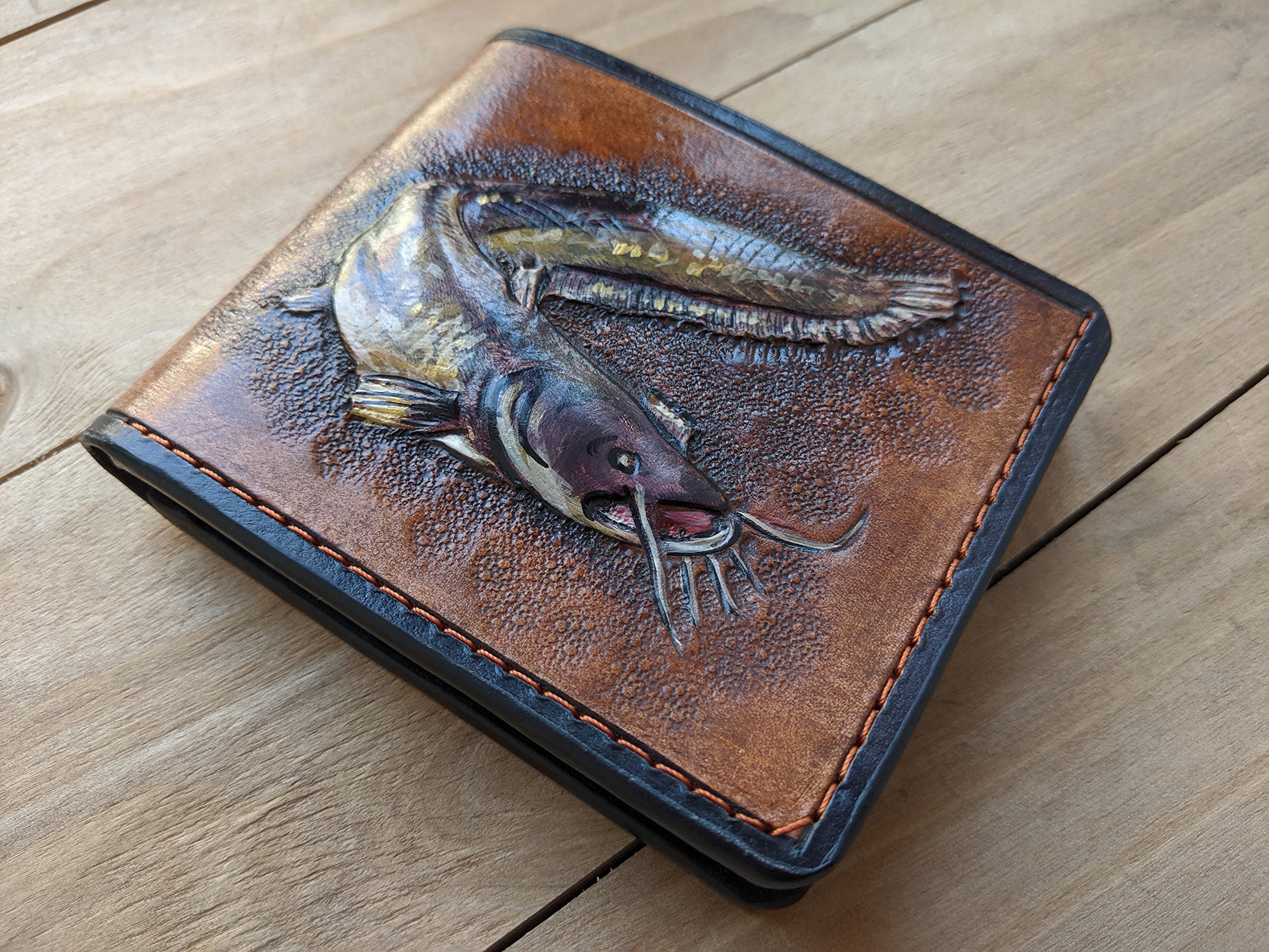Handmade 3D Genuine Leather Catfish Fishing Wallet for Men - Custom Bifold Tooled Angler Wallet with Airbrush Art - Perfect Gift for Fishermen & Outdoor Enthusiasts