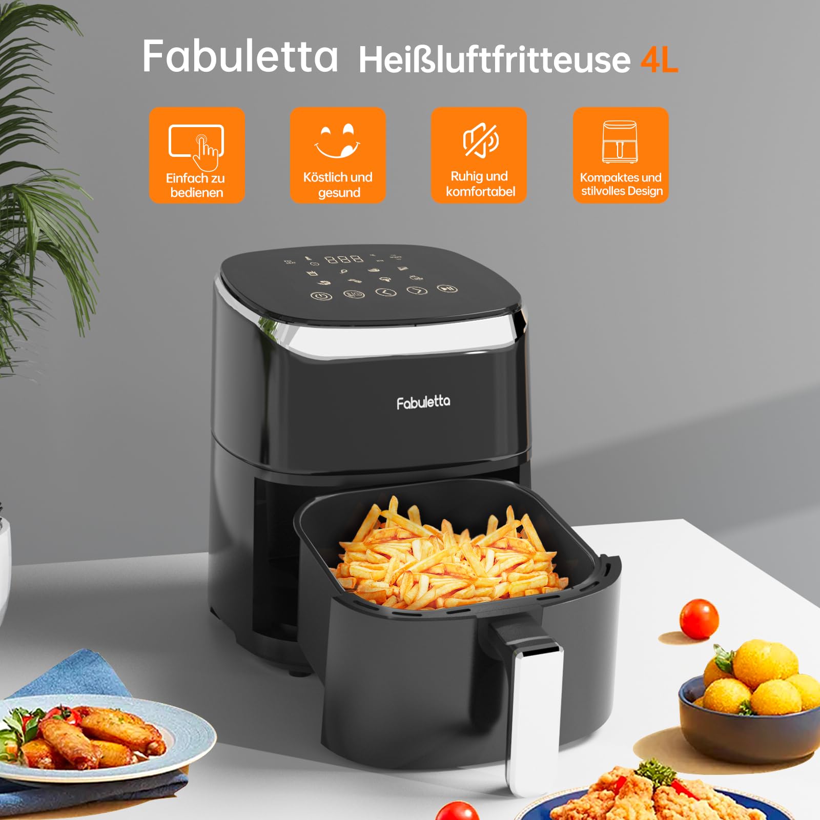 Fabuletta 4L Air Fryer with 9-in-1 Functions, 230°C Max Temperature, Digital LED Touchscreen, Rapid Air & Fat Removal Technology - Preheat & Shake Mode (Black) | Perfect for Healthy Frying, Baking, Roasting & Meal Prep in Home Kitchen