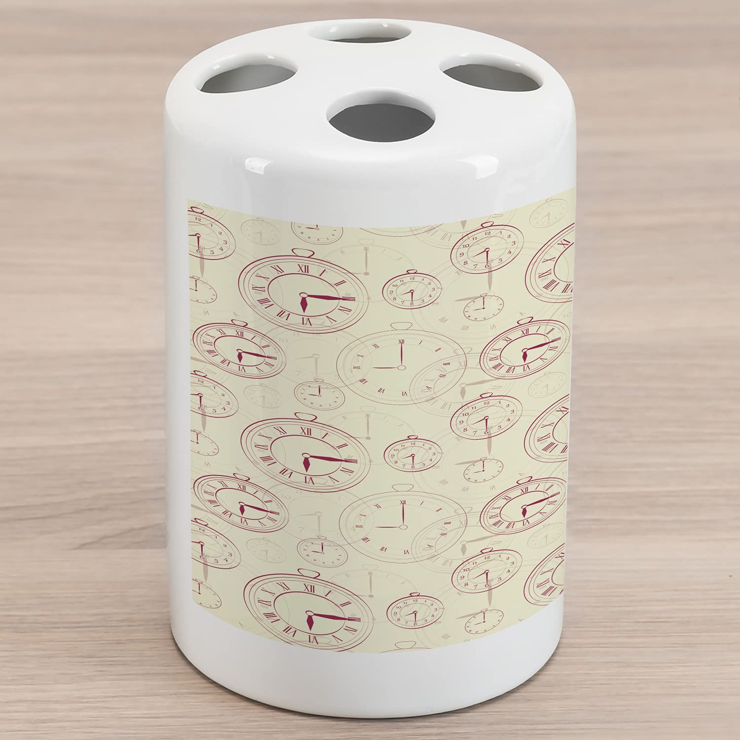 Vintage Ceramic Toothbrush Holder with Roman Numeral Clock Design - Ambesonne Antique Machine Time Pattern Bathroom Decor, 4.5