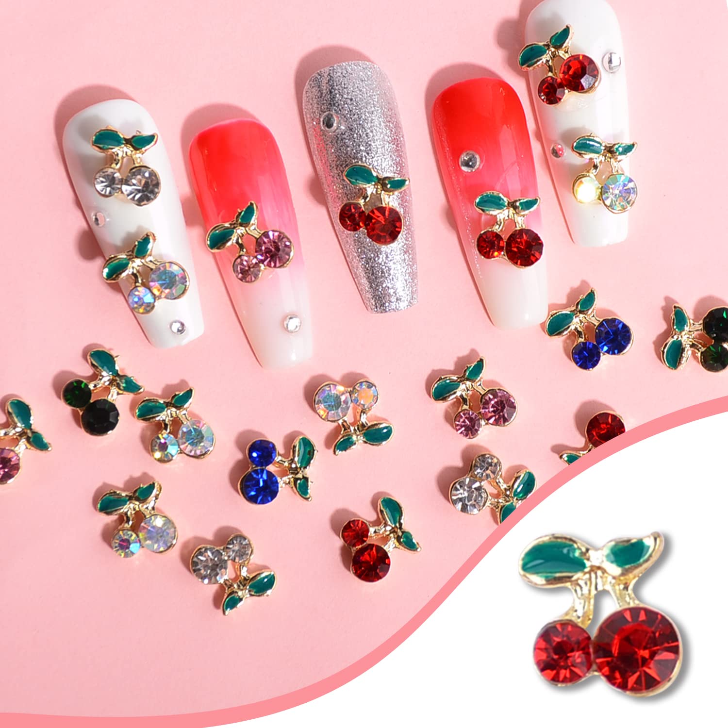 3D Cherry Nail Charms - Rhinestone Diamonds & Glitter Multi-Color Cherry Design Fruit Charms for Nail Art | Crystal Metal Nail Gems & Studs for Women DIY Manicure | Perfect for Nail Salon, Party, Wedding & Festival Nail Decorations