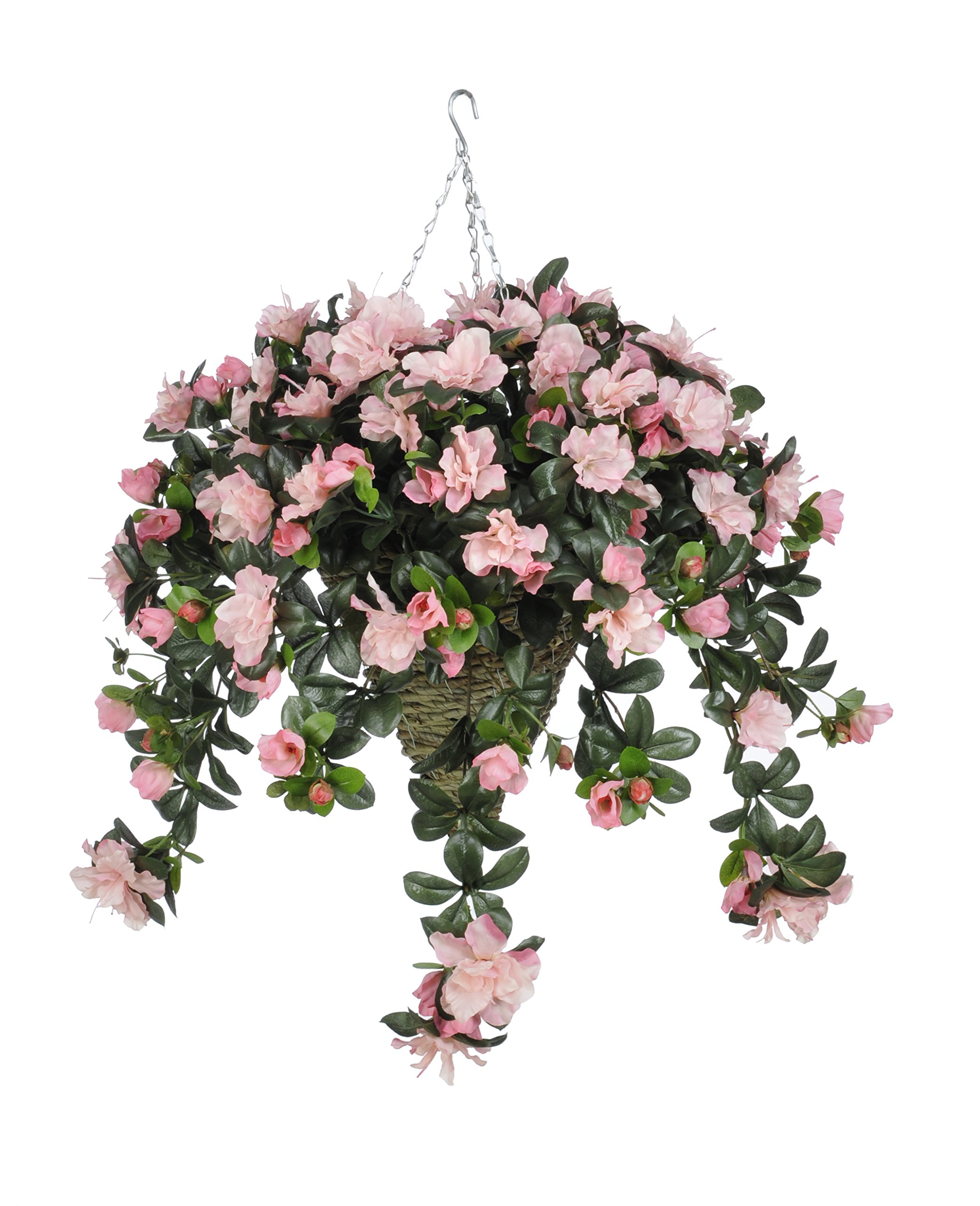 Artificial Pink Azalea Silk Flowers in Hanging Basket - Elegant Home & Garden Decor for Porch, Patio, and Wedding Decorations