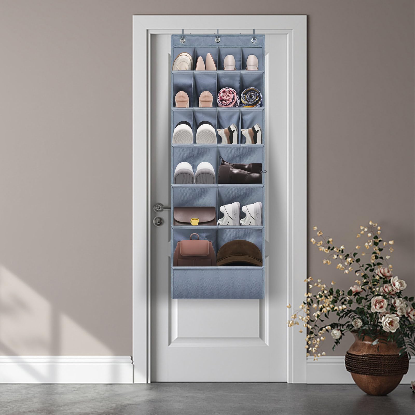 Over the Door Shoe Organizer - 17 Pocket Hanging Shoe Rack with Large Pockets, Space Saving Grey Closet Storage - Perfect for Bedroom, Closet, Entryway & Small Space Organization