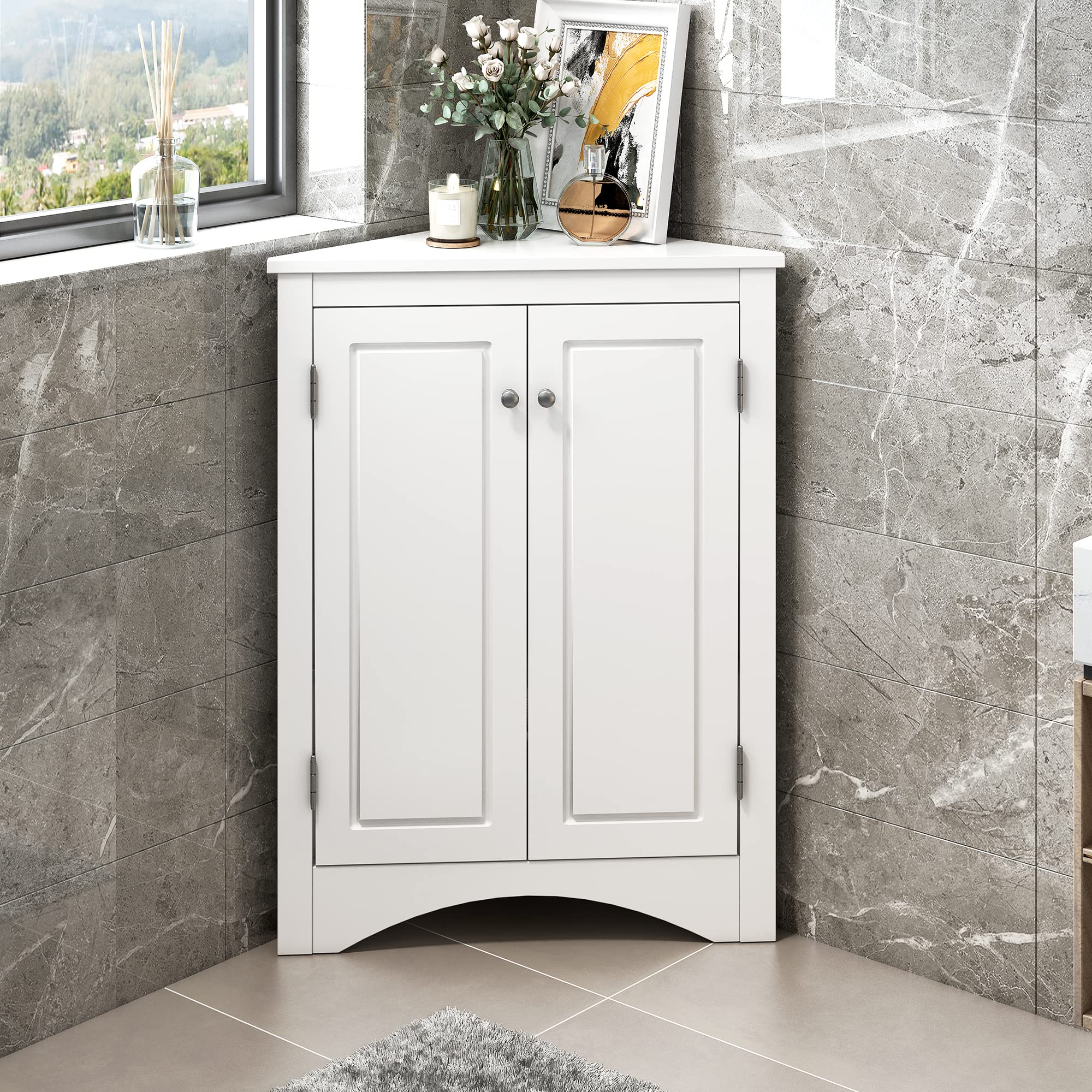 White Freestanding Corner Cabinet with 2 Doors - Adjustable Shelf Bathroom Storage for Bathroom, Kitchen, Living Room & Bedroom - Perfect for Small Space Organization & Home Decor