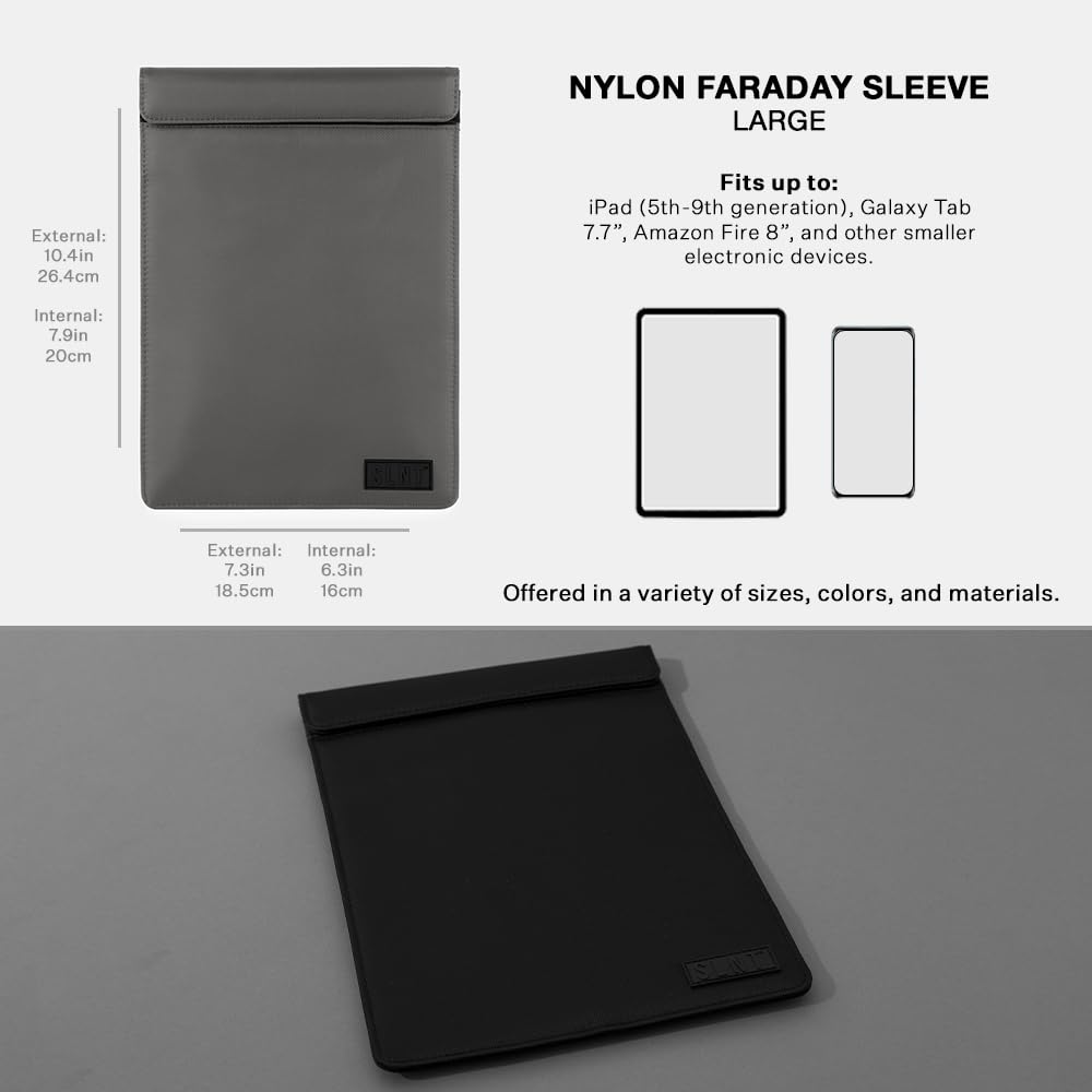 SLNT Faraday Bag Tablet Sleeve with Signal Blocking Technology - Premium Leather & Weatherproof Nylon Options for iPad, Samsung Galaxy Tab & Most Tablets | Privacy Protection & Device Shielding | Perfect for Travel, Business & Secure Data Storage (Charcoal Grey Nylon, Large Size)