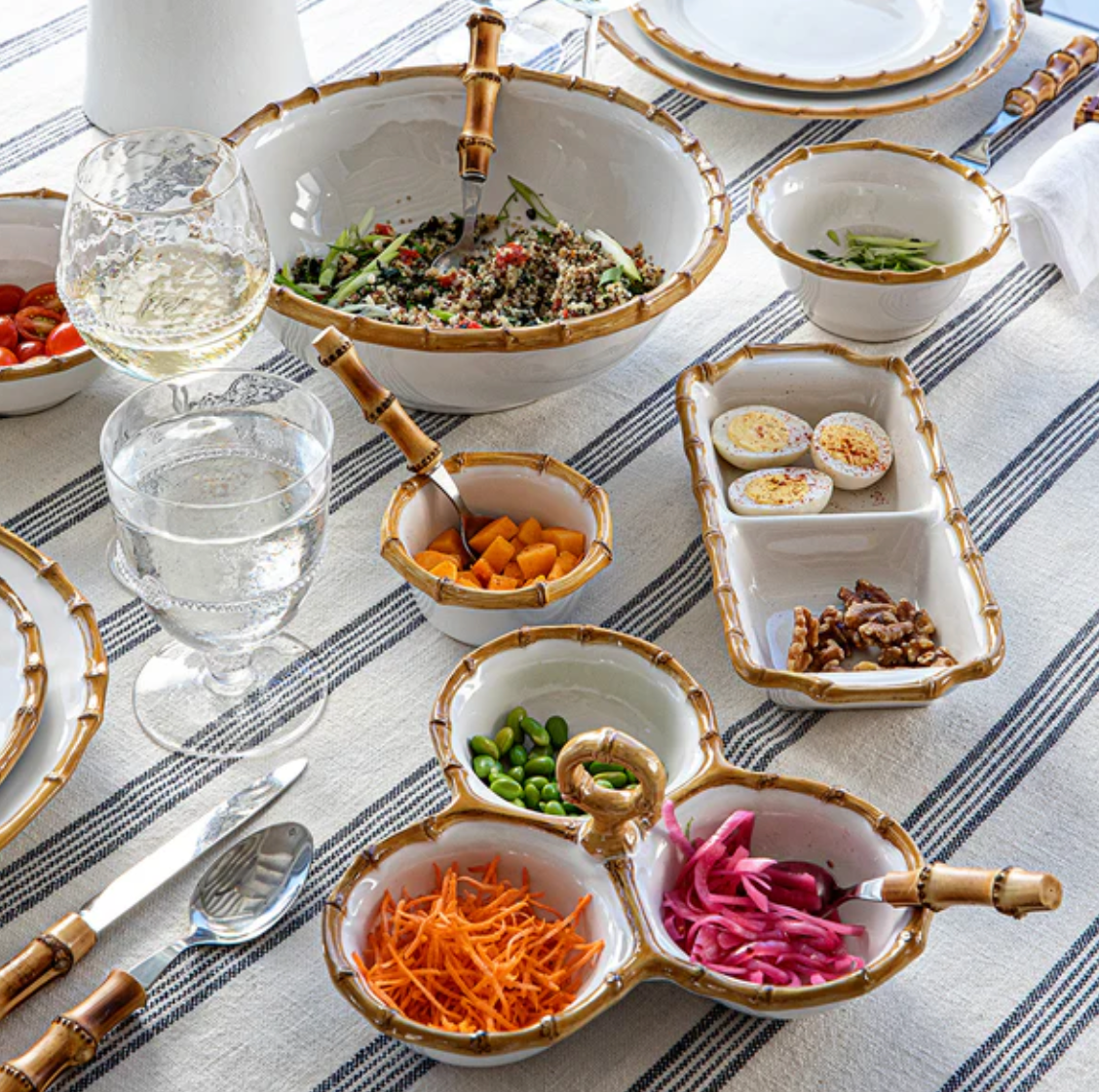 Juliska Bamboo Triple Server Set - Elegant Serving Tray for Appetizers, Desserts & Entertaining - Perfect for Dinner Parties, Buffets & Holiday Gatherings
