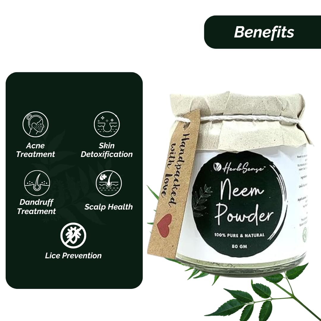 Herbsense Pure Neem Leaves Powder - 100% Natural Skin & Hair Care | Organic Face Mask for Acne Treatment & Deep Cleansing | Anti-Dandruff Hair Pack | Glass Jar 80g | Perfect for DIY Beauty Treatments & Holistic Skincare Routines