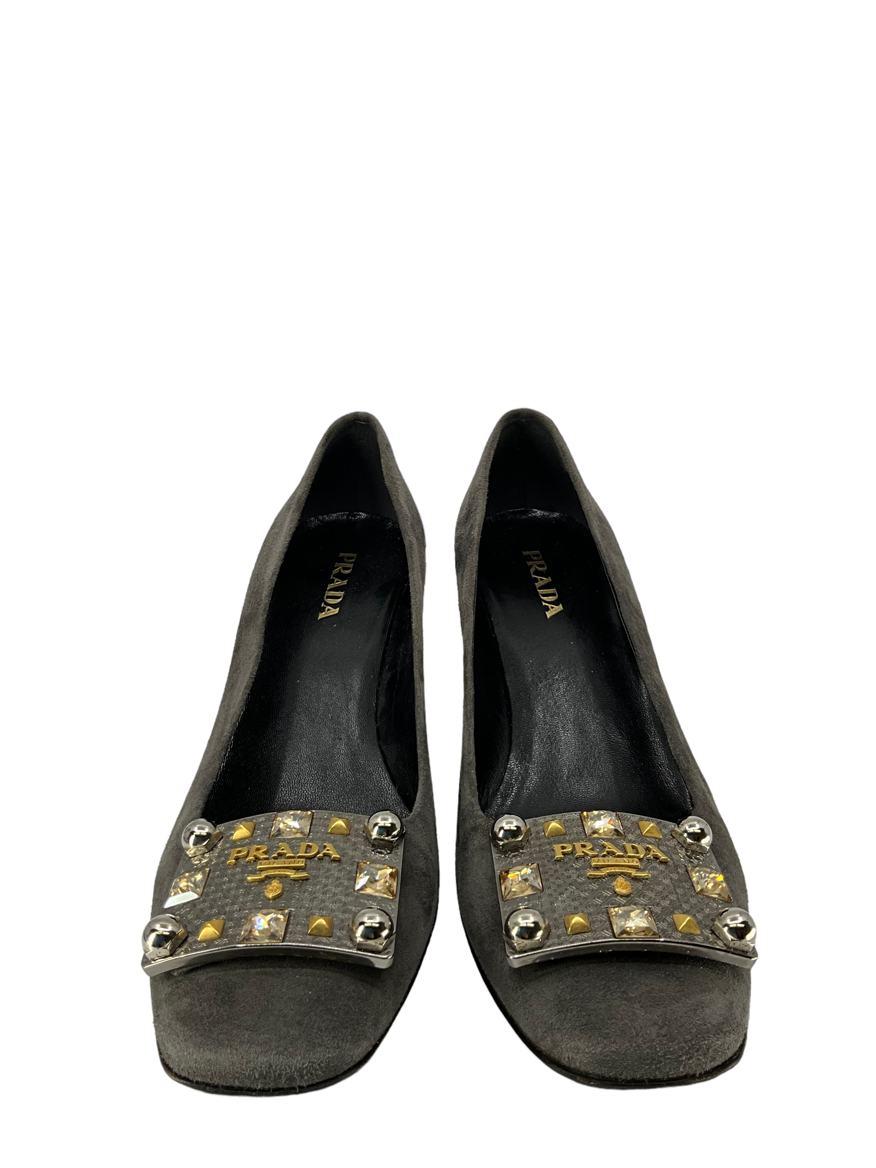 Prada Gray Suede Embellished Heels Women's Size 9 | Luxury Designer Pumps for Parties, Weddings & Formal Events
