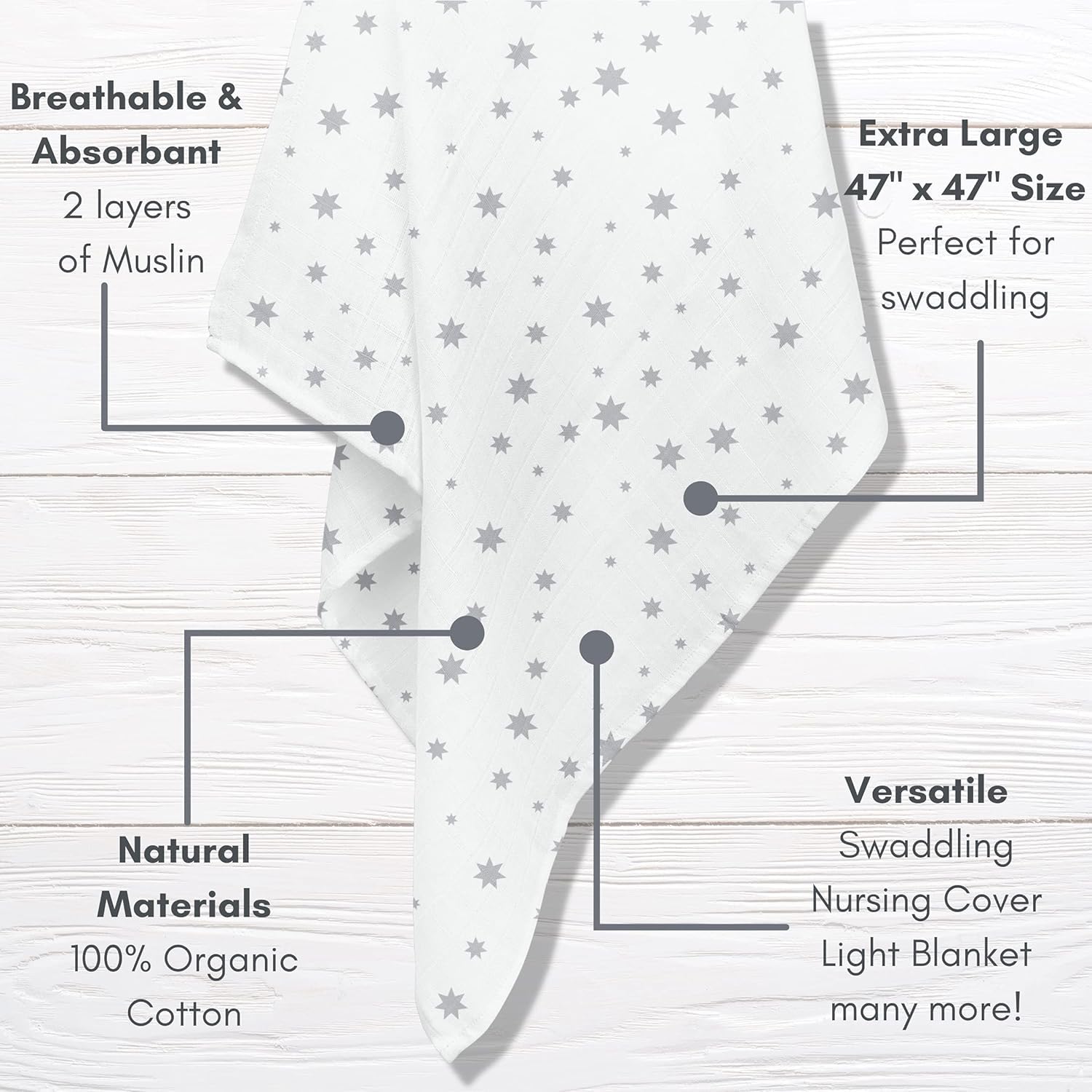 MOZAH Organic Muslin Swaddle Blankets - 100% Soft Breathable Cotton Baby Blanket for Boys & Girls - Newborn Swaddling Wrap, Nursing Cover, Stroller Blanket - Perfect Baby Shower Gift (Grey with Stars)