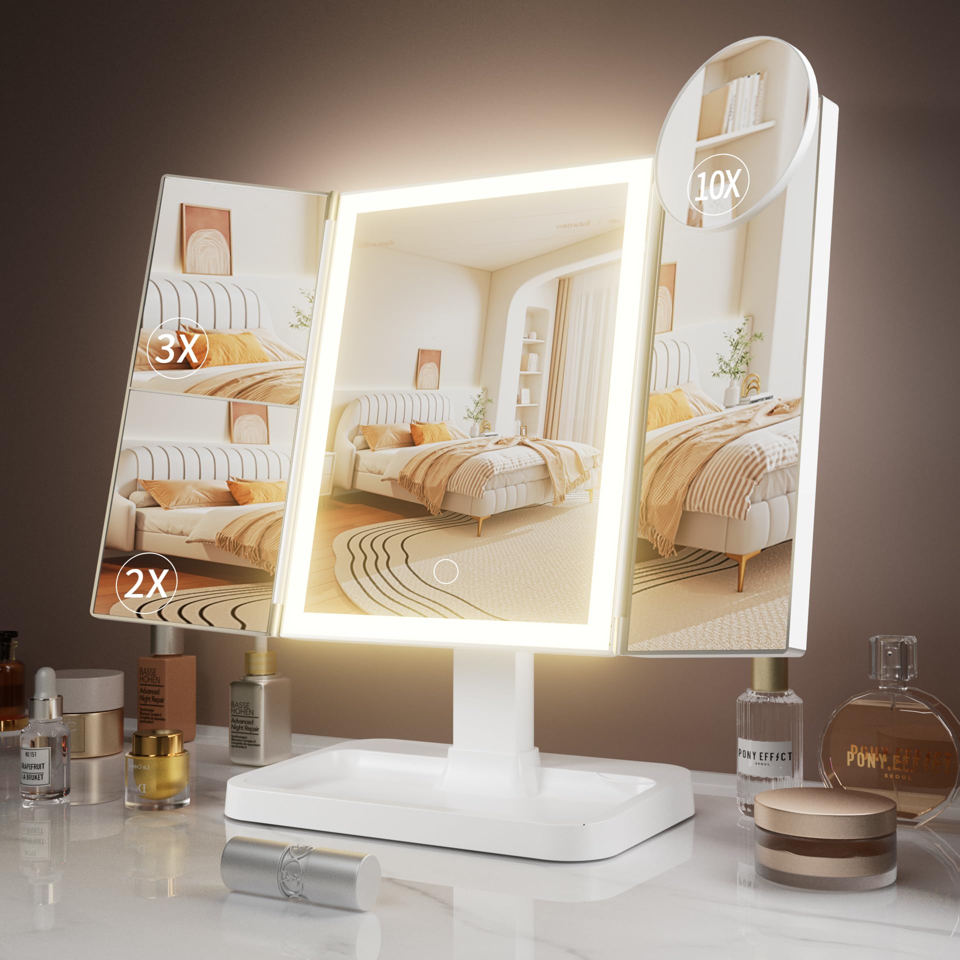 Rechargeable LED Makeup Mirror with Lights - 2X 3X 10X Magnification, 3 Color Lighting Modes, Portable Vanity Mirror for Travel & Desk - Perfect Gift for Women & Girls | Ideal for Home Makeup, Travel Beauty Routine & Professional Cosmetics Application
