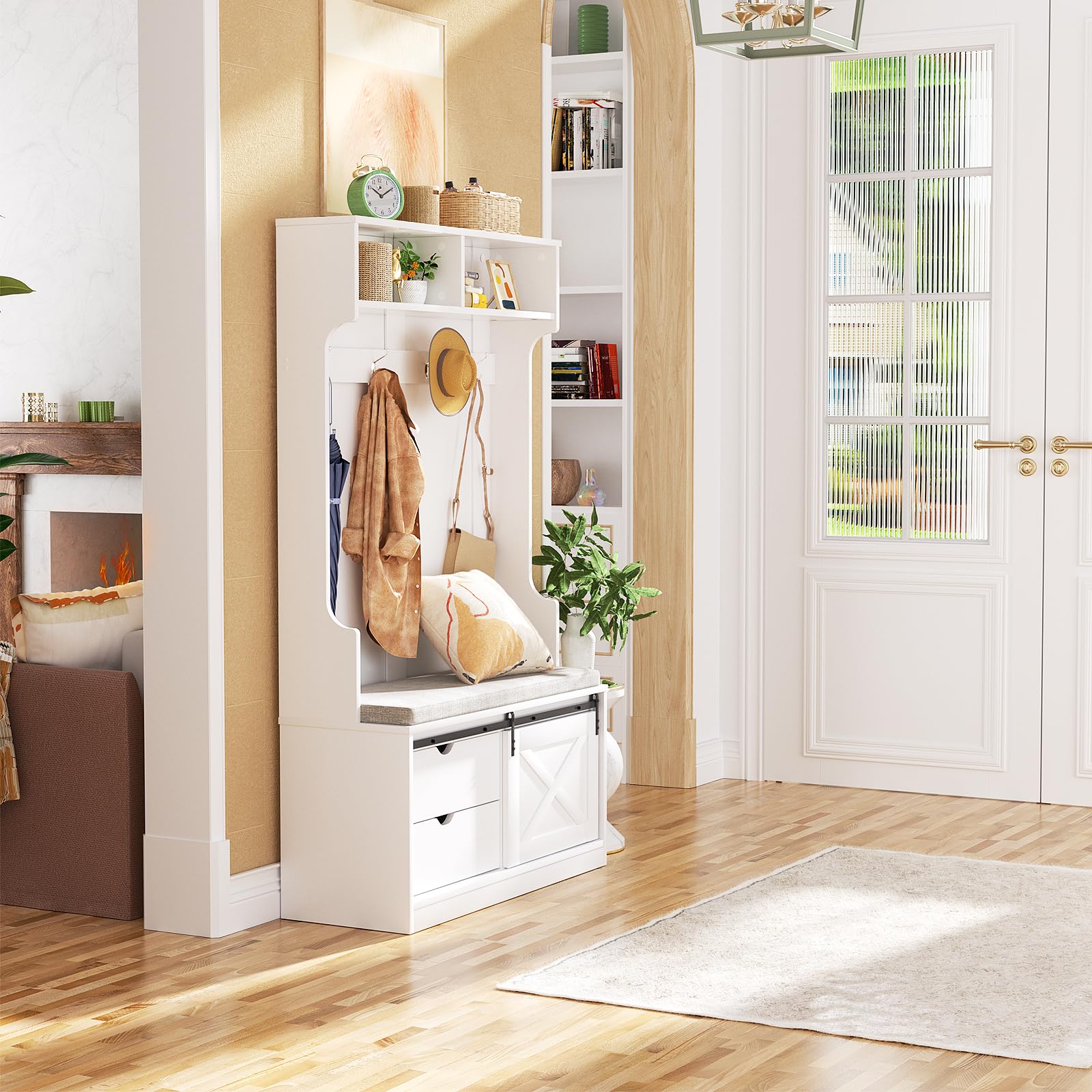 LOVMOR White Entryway Hall Tree with Shoe Storage, Coat Rack & Bench - Upholstered Shoe Storage Bench with Slide Cabinet Organizer Drawer & Adjustable Shelf | Perfect for Small Spaces, Entryway Organization & Home Decor