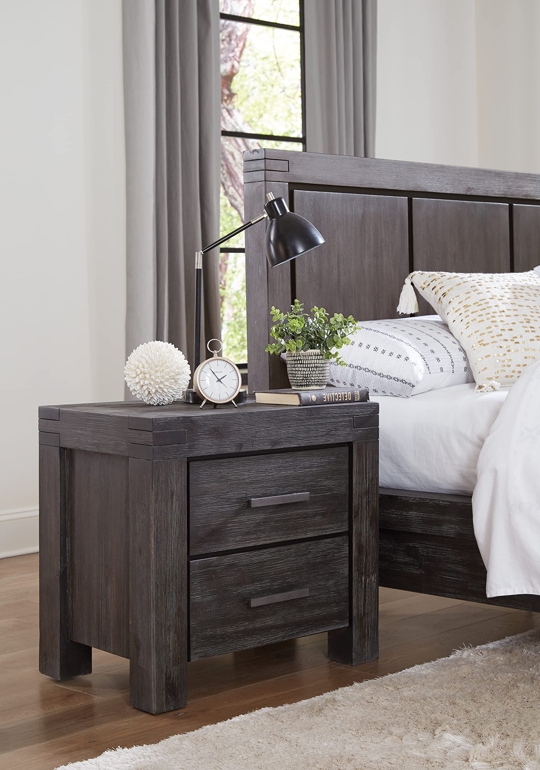 Modus Furniture Solid Wood Nightstand with 2 Drawers - Meadow Graphite Finish | Bedside Table for Bedroom, Living Room & Guest Room Storage