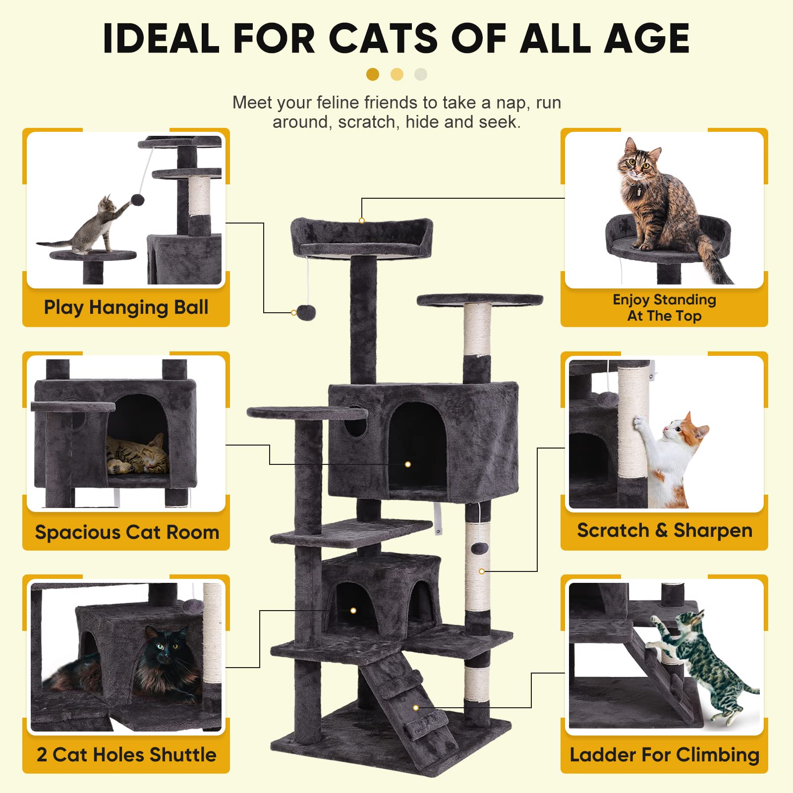 54 Inch Multi-Level Cat Tree Tower for Indoor Cats - Plush Cat Condo with Scratching Posts, Jumping Platforms & Activity Center - Perfect for Play, Exercise and Relaxation in Home or Office