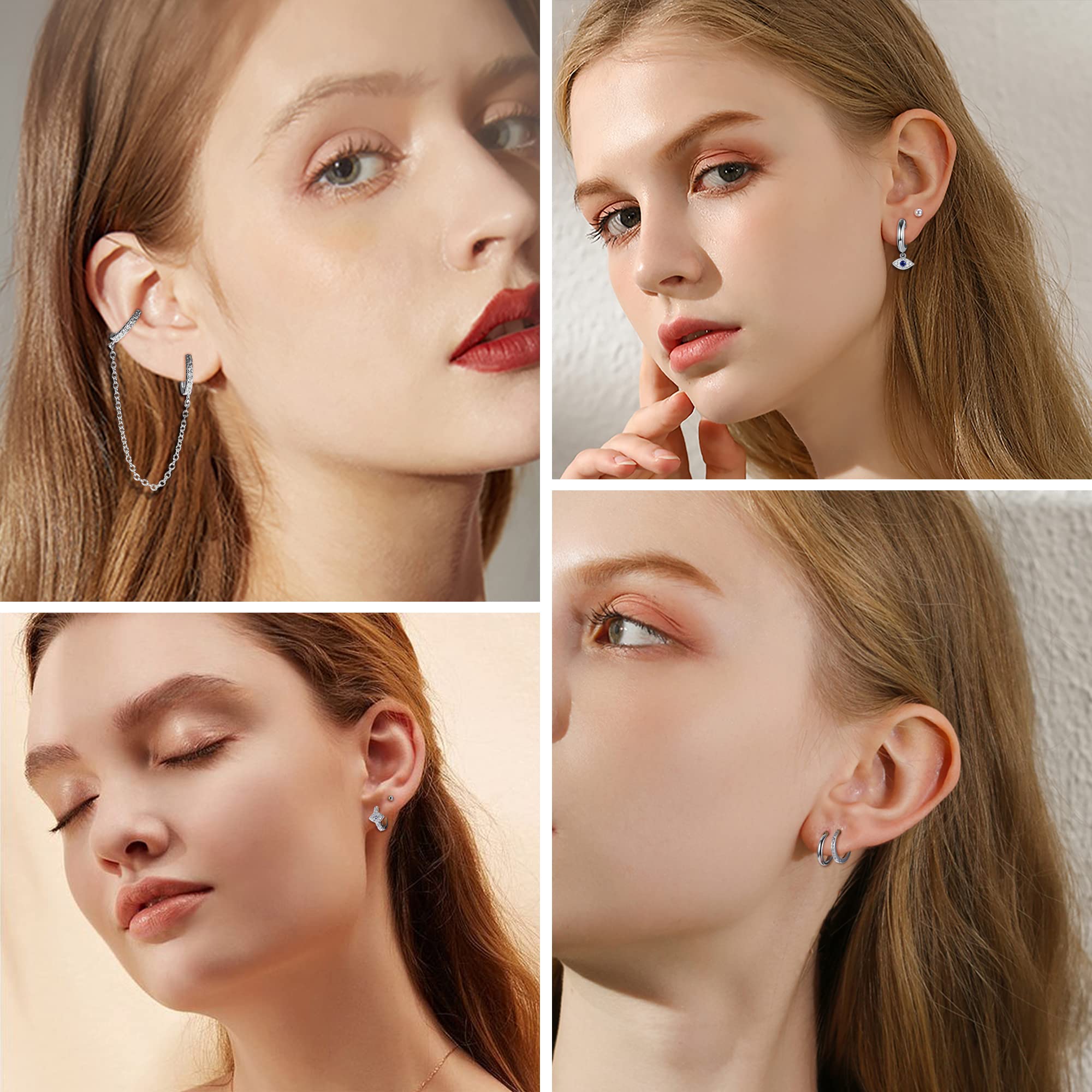 YADOCA 12 Pairs Small Huggie Hoop Earrings for Women - Stainless Steel CZ Pearl Ball Tiny Stud & Evil Eye Bar Chain Dangle Earrings Set | Perfect for Daily Wear, Parties, Gifts & Fashion Accessories