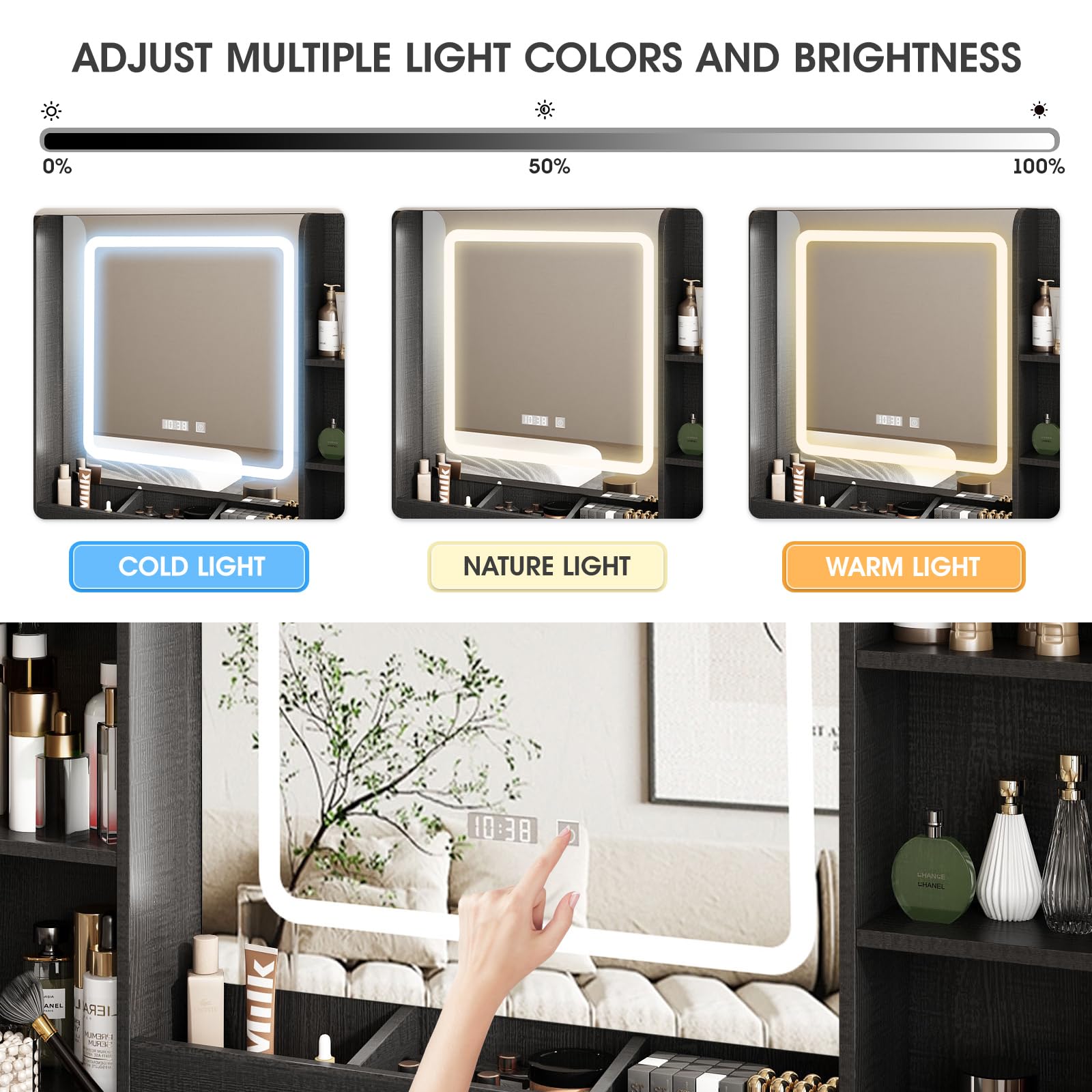 Black Vanity Desk with LED Lights & Stool - Makeup Dressing Table with Large Storage Drawers, Shelves & Time/Temp Display - 3 Adjustable Lighting Modes for Bedroom, Bathroom & Dorm Room Makeup Station