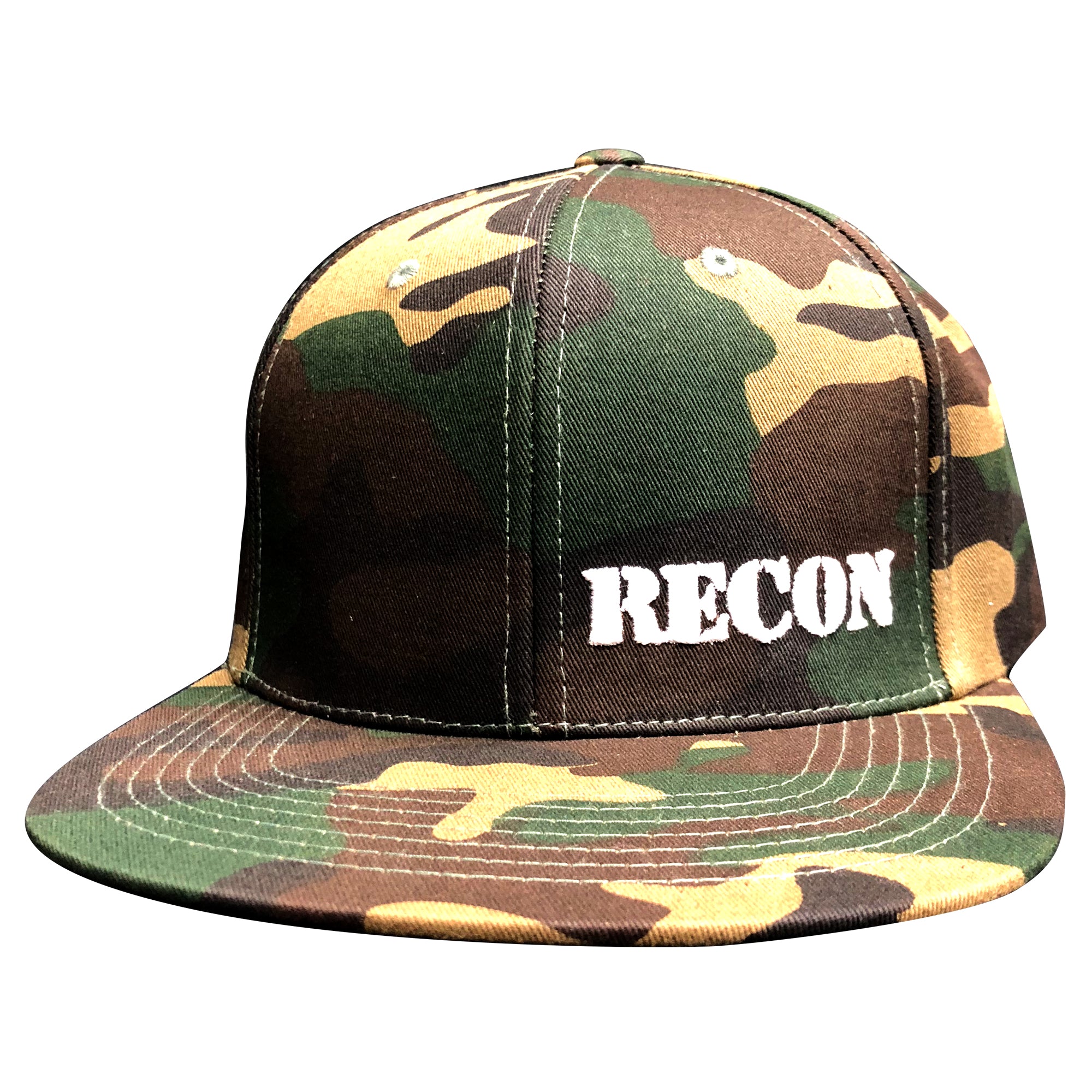 White RECON Logo on Green Camo Snapback Hat - Military Style Adjustable Baseball Cap for Outdoor, Hunting & Streetwear Fashion