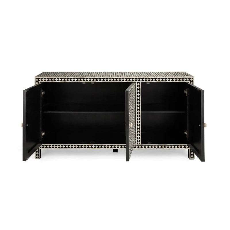 Handmade Bone Inlay 3-Door Sideboard Cabinet - Black & White Buffet Table for Dining Room Storage & Home Decor