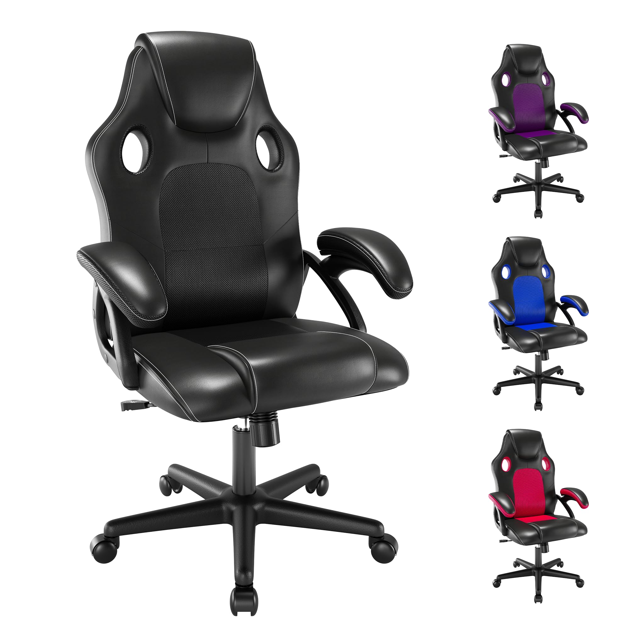 Ergonomic Gaming Chair - Black Leather Racing Style PC & Office Chair with Swivel Base for Computer Work & Desk - Perfect for Home Gaming, Work from Home & Office Use
