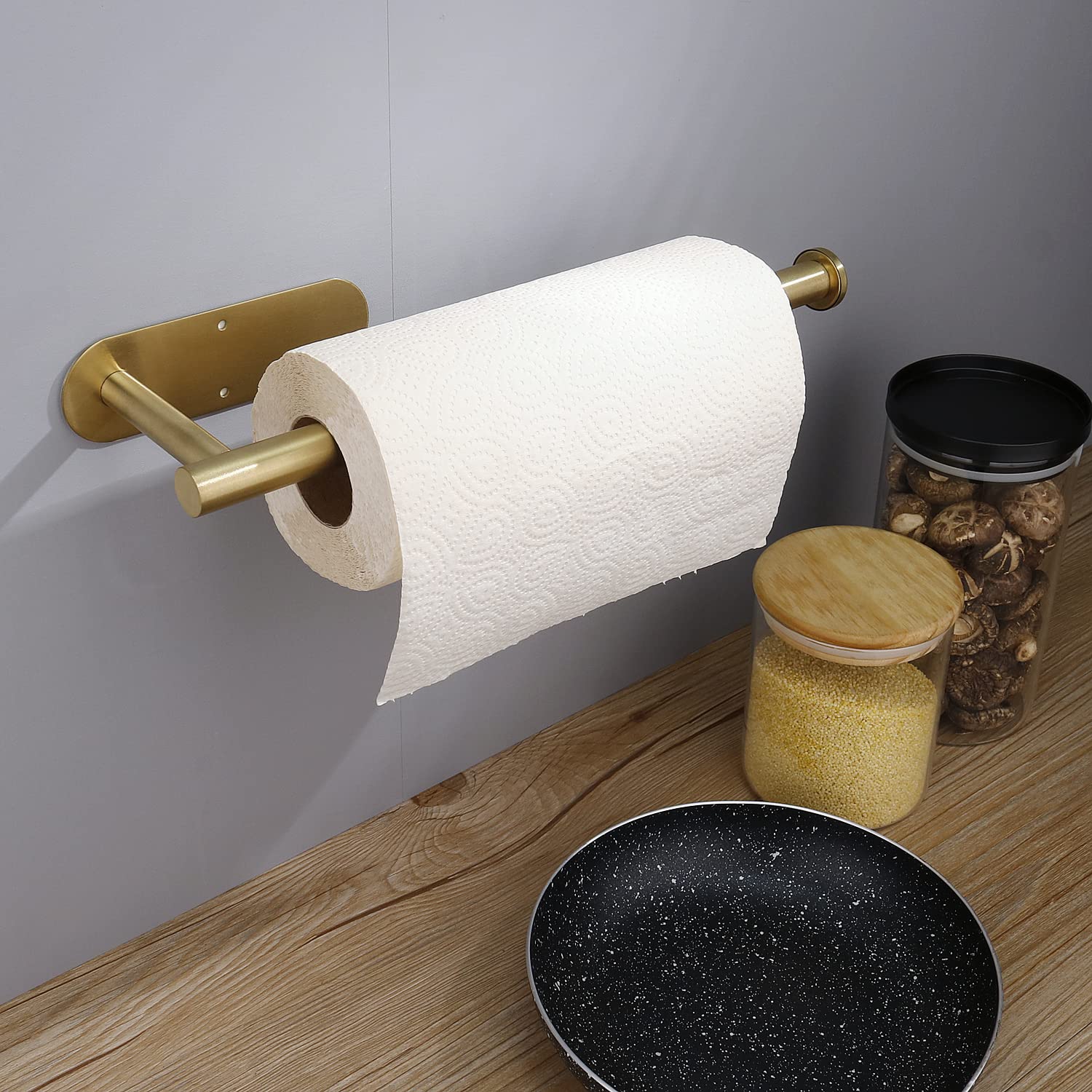 Stainless Steel Under Cabinet Paper Towel Holder - Wall Mount Kitchen & Bathroom Towel Rack for Jumbo Rolls - Self Adhesive Farmhouse Accessories (Gold, SUS 304) - Perfect for Kitchen, Bathroom & RV Organization