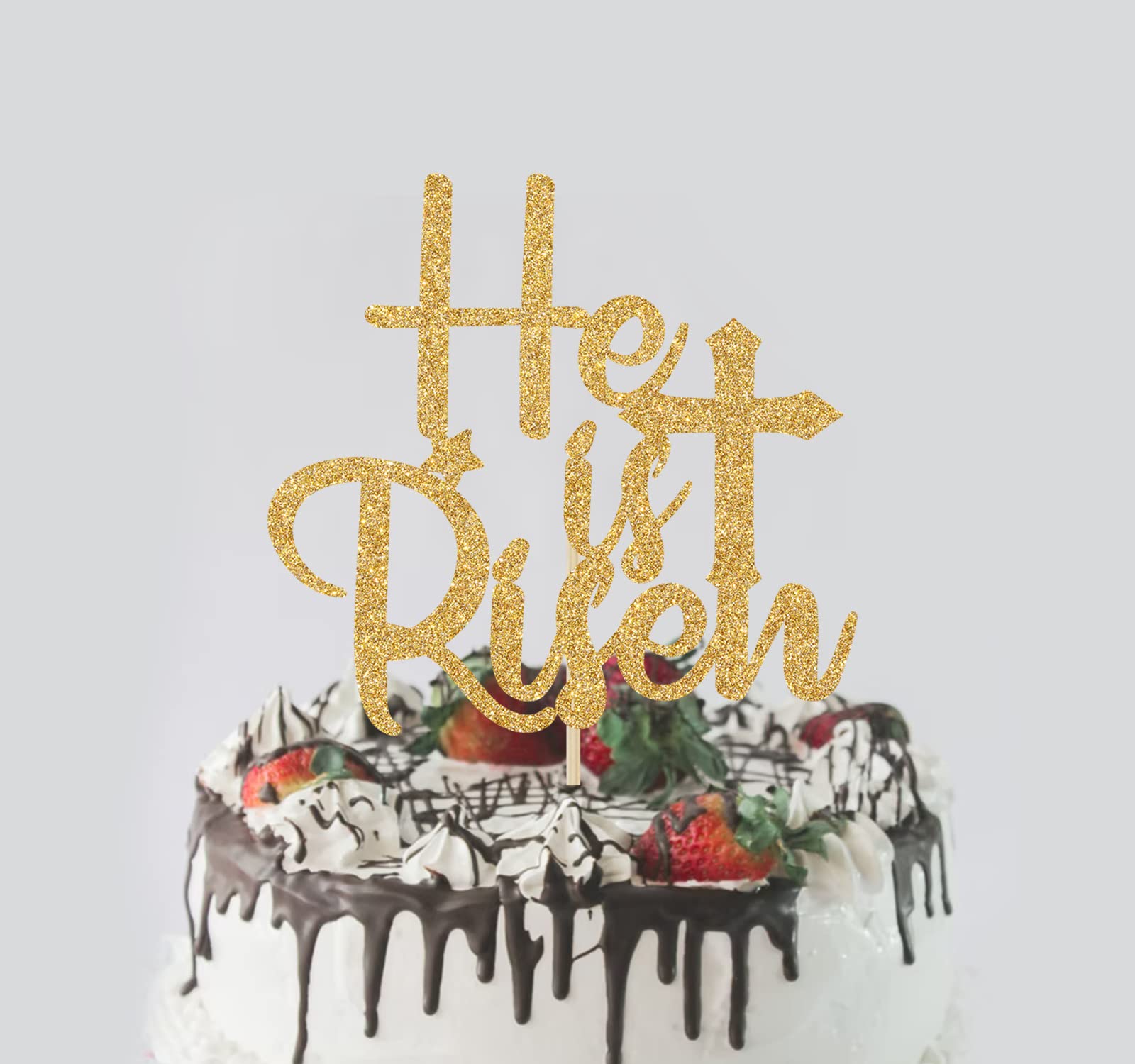 He is Risen Cake Topper - Gold Glitter Jesus Cross Easter Cake Decorations for Easter Party Supplies & Religious Celebration