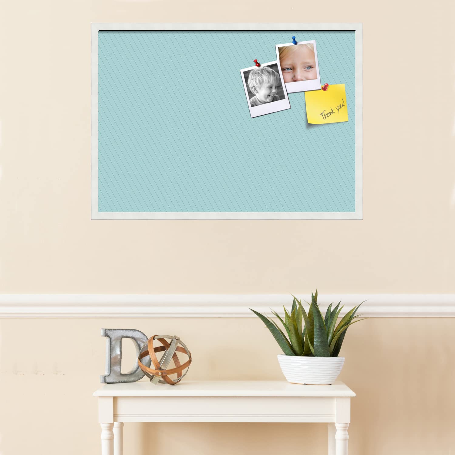 PinPix 34x24 Inch Cork Bulletin Board with Lux Stripes Aqua Design & Satin White Frame - Decorative Framed Pin Board for Home Office School Classroom Decor - Perfect for Notes, Photos, Reminders & Wall Organization