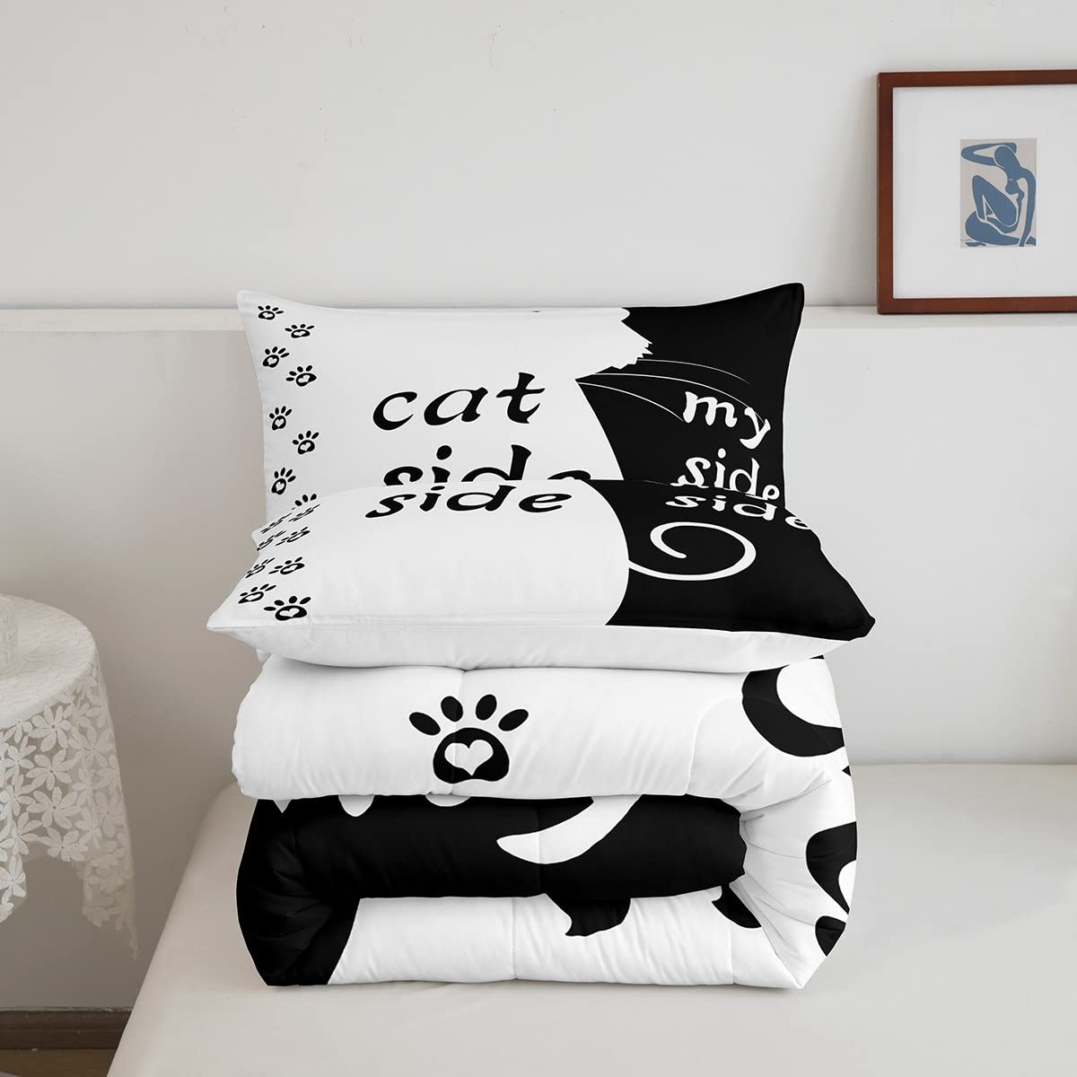 Erosebridal Twin Bedding Set - Black & White Cute Cat Print Duvet Cover & Comforter Set, Modern Simple Romantic Theme for Bedroom Decor | Perfect for Cat Lovers, Kids Rooms & Cozy Bedroom Makeovers