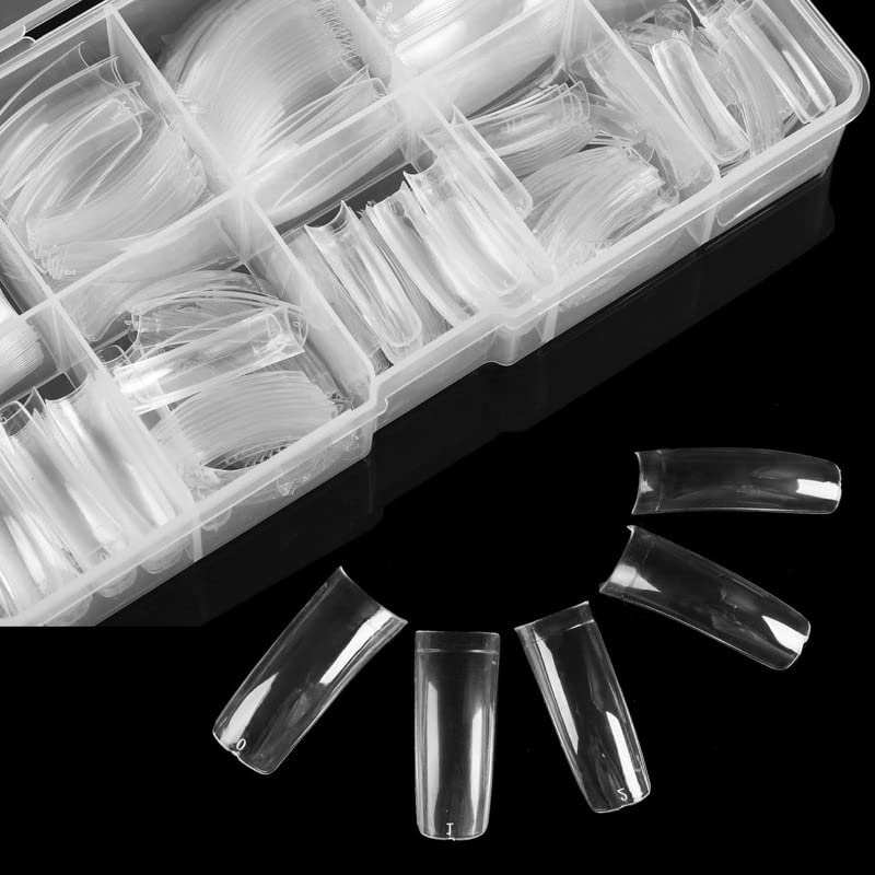 FAMEZA 100 Pcs Curved Nail Tips Kit with Box - Tapered Square Hawk Curve Fake Nails, Half Cover Clear Press On Nails for Salon & DIY Nail Art (10 Sizes) - Perfect for 80s 90s Retro Style, Parties & Special Occasions
