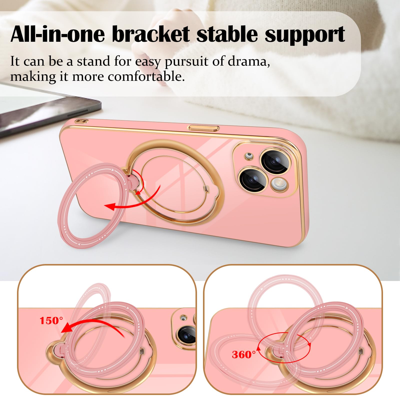 Luxury Magnetic iPhone 15 Plus Case with 360° Rotatable Stand - Shockproof TPU Bumper Protective Cover for Women & Men (Pink) - Perfect for Work, Travel & Everyday Use