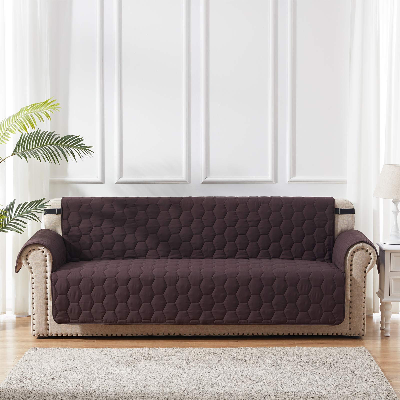 SunStyle Waterproof Honeycomb Quilted Sofa Slipcover - Adjustable Elastic Strap & Non-Slip Backing - Furniture Protector for Couches (Chocolate/Beige) - Perfect for Pet Owners, Families & Home Decor Protection