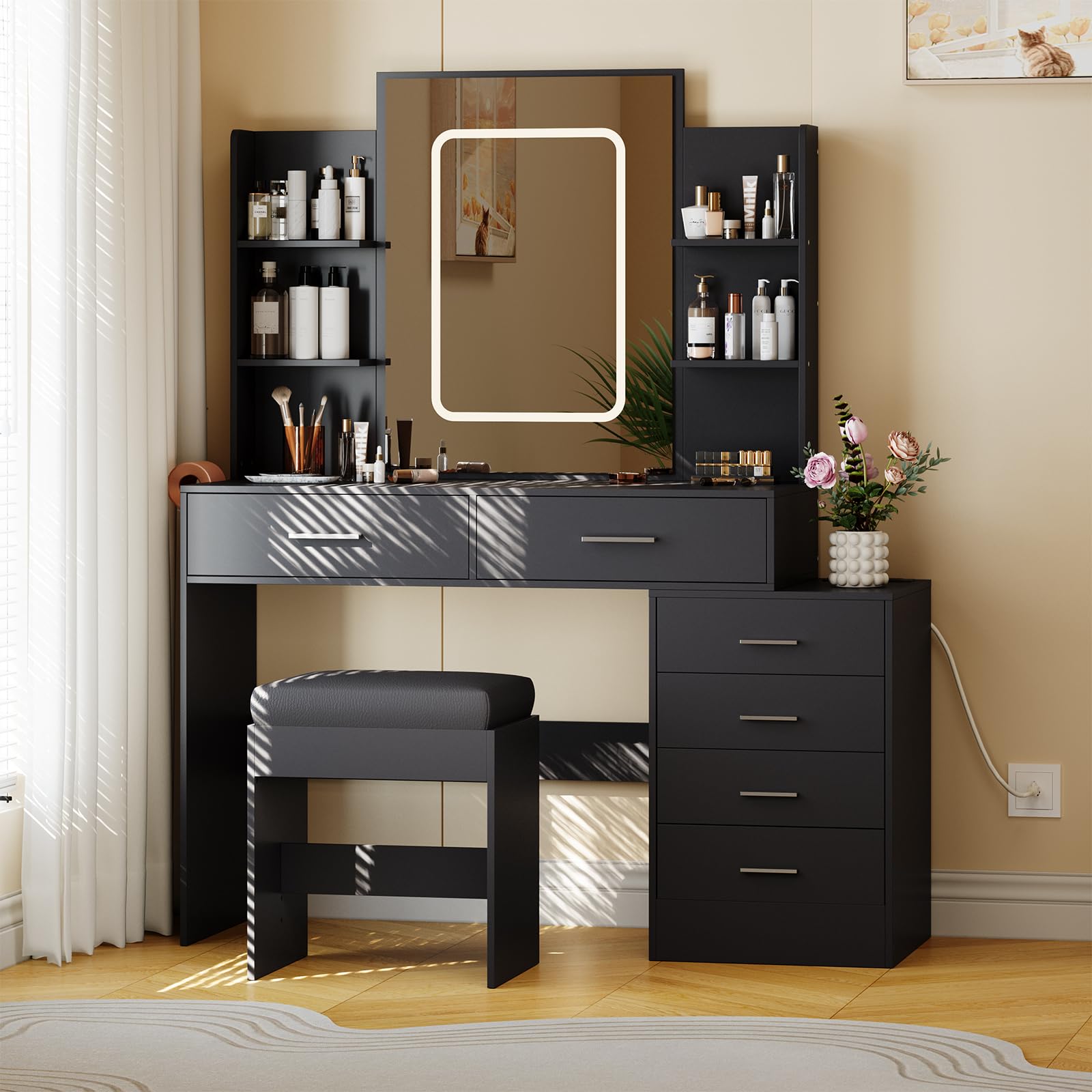 Black Vanity Desk with Mirror & LED Lights - Makeup Vanity Set with 6 Drawers, Shelves & Charging Station - Includes Stool - Perfect for Bedroom, Dressing Room & Beauty Salon