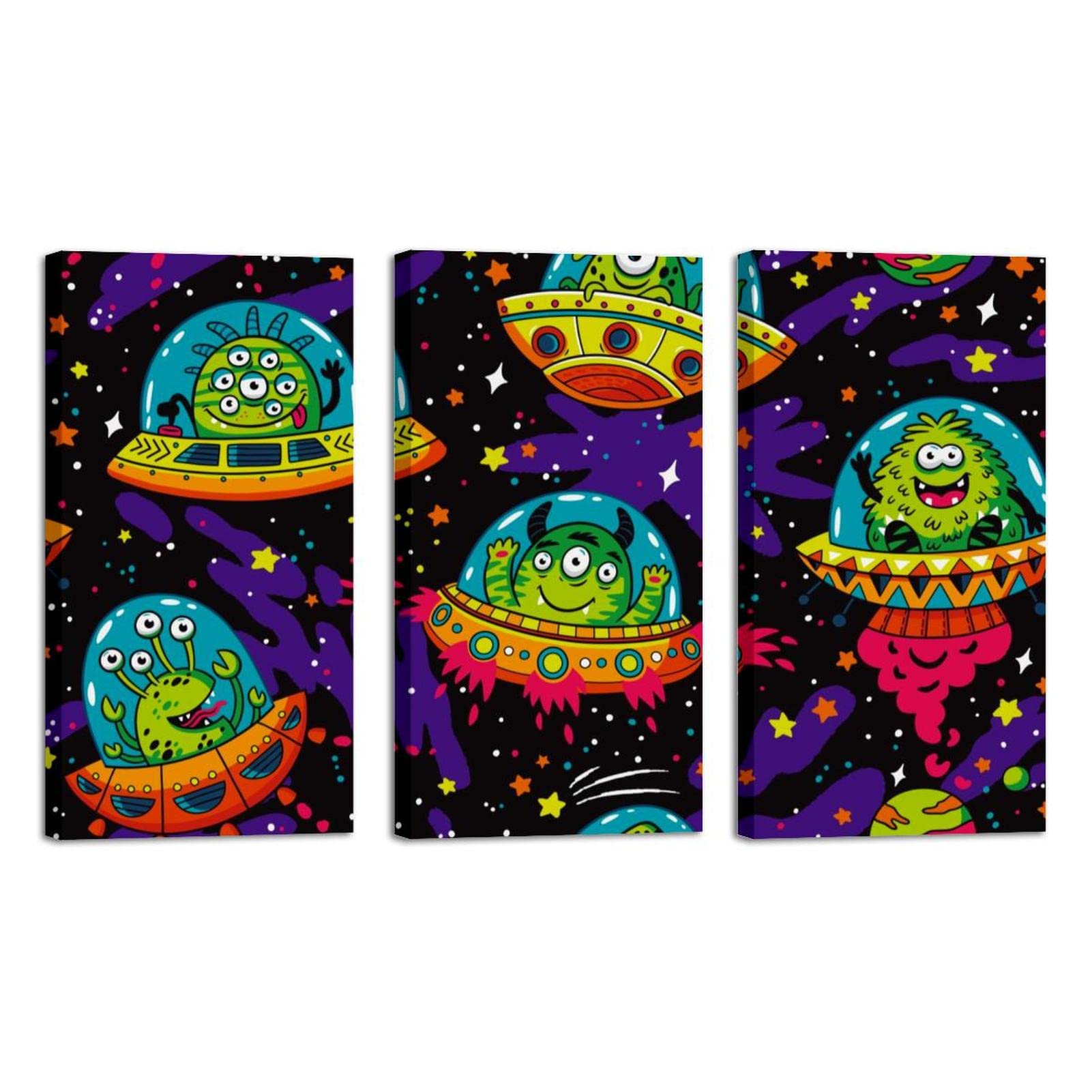 Alien Monsters Cartoon Space Wall Art - 3 Panel Framed Canvas Prints for Home, Office & Dorm Decor - Perfect for Bedroom, Living Room & Kids Room Wall Decor