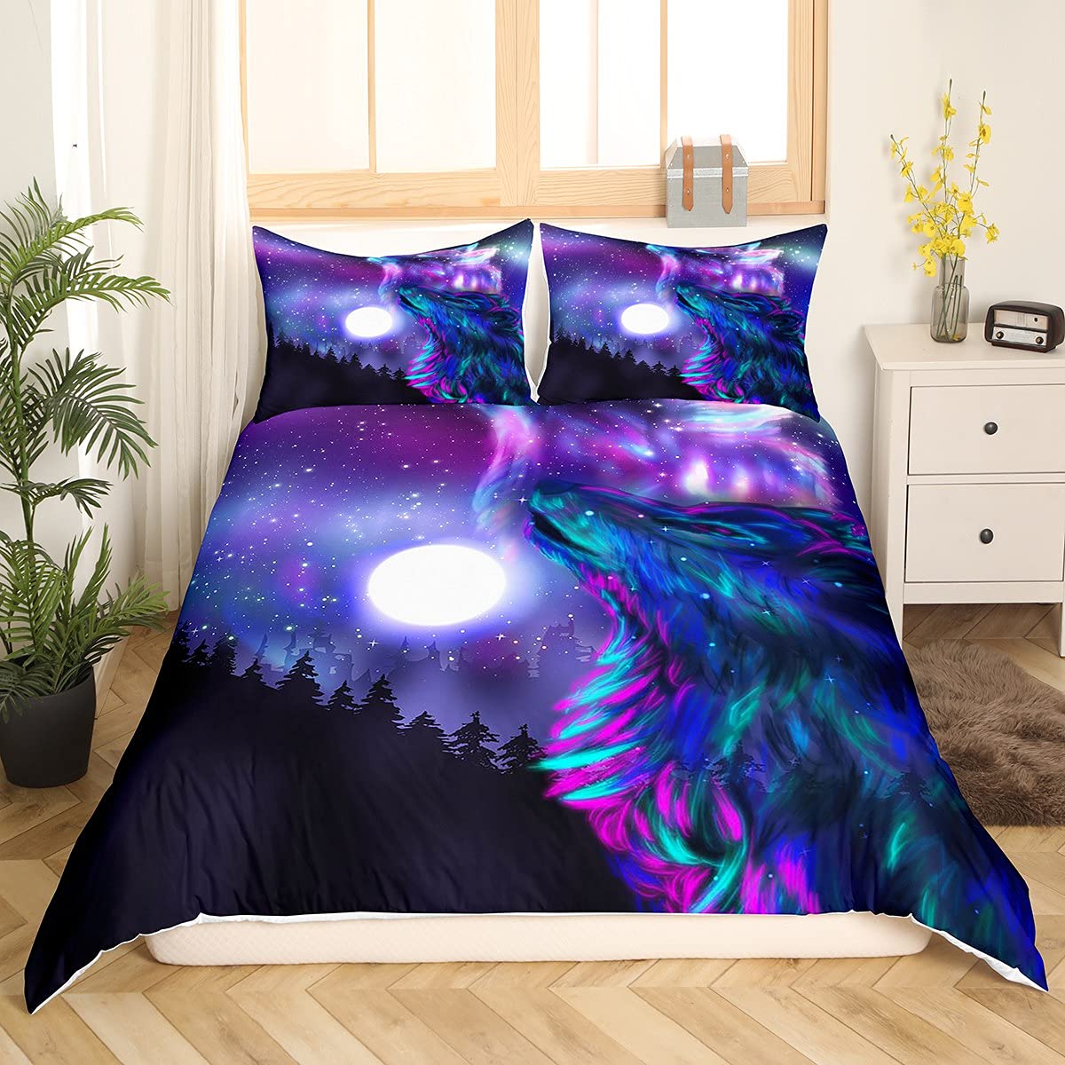 Wolf Bedding Set - Safari Animal Comforter Cover with Purple Starry Sky & Shining Moon Design, Twin Size Duvet Cover for Kids & Teens (Includes 1 Pillowcase) - Perfect for Boys & Girls Bedroom Decor, Wildlife Theme, Galaxy & Space Inspired Room