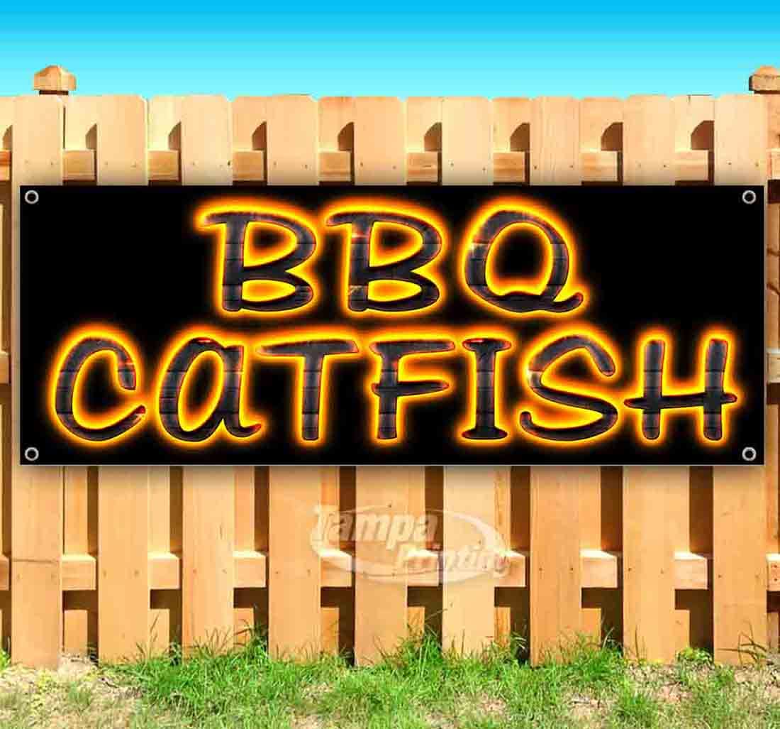 13 oz Heavy-Duty Vinyl BBQ Catfish Banner - Single-Sided with Metal Grommets, Weather-Resistant Outdoor Sign for Fishing Parties & Backyard BBQs