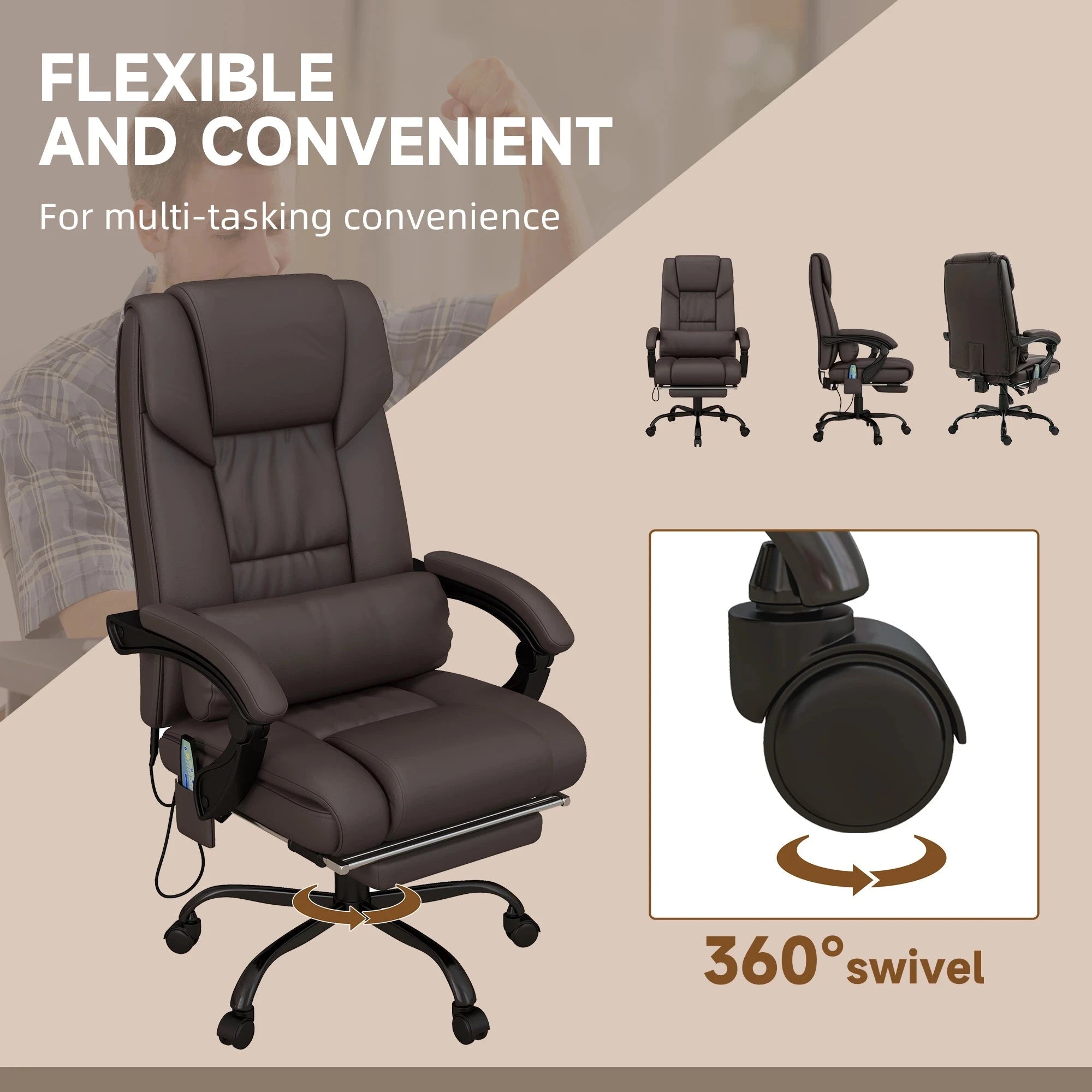 6-Point Vibration Massage Faux Leather Office Chair - Brown Ergonomic Executive Chair for Home & Office Use - Perfect for Long Work Hours & Back Pain Relief