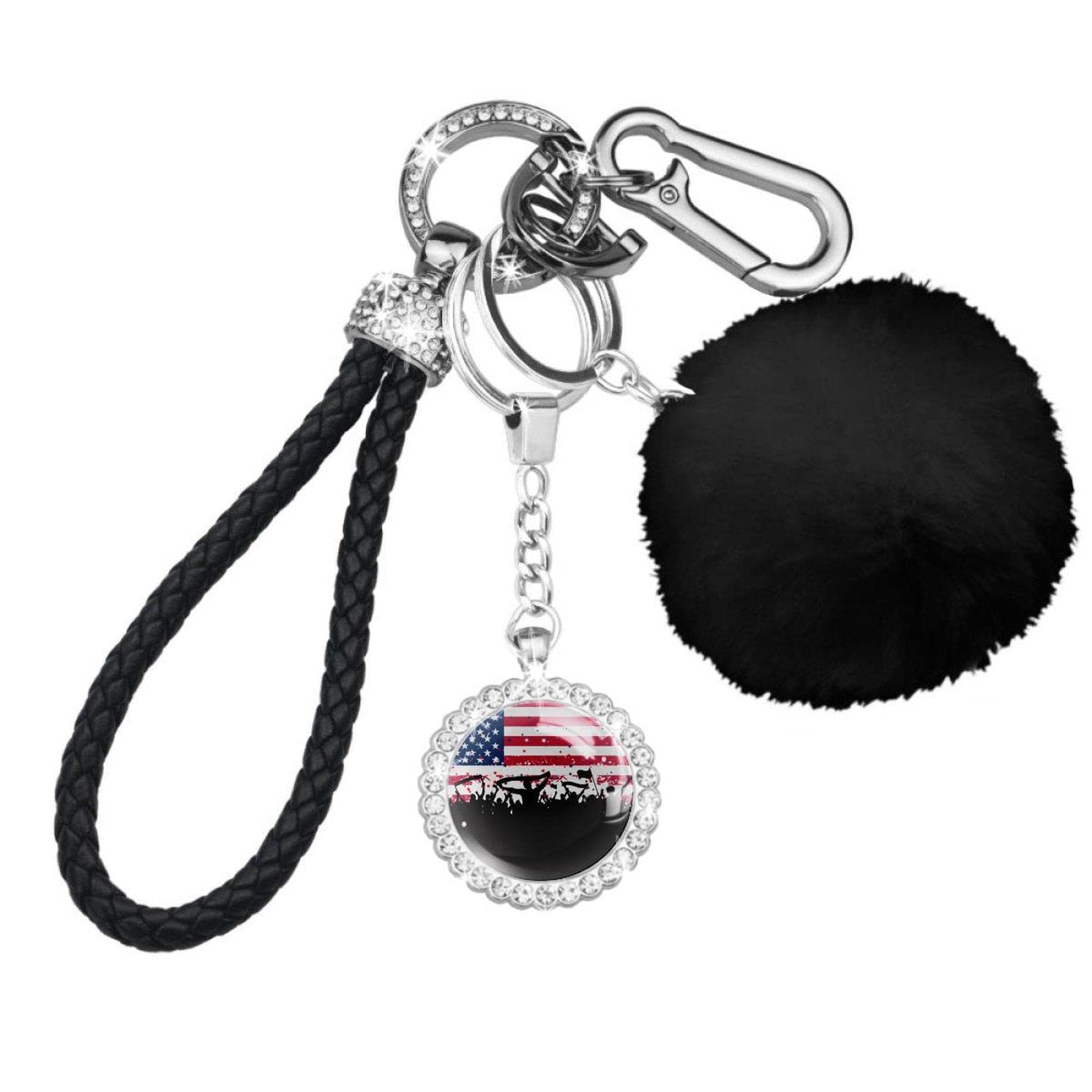 American Flag Keychain Set for Women - Patriotic Wristlet & Car Keychain with Pom Pom Accessories | Perfect for 4th of July Parties, Tailgating & Gift Giving