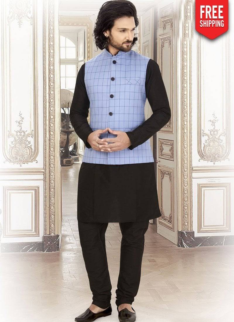 Elegant Black Silk Kurta Pajama Set for Men - Perfect for Festivals, Weddings & Special Occasions