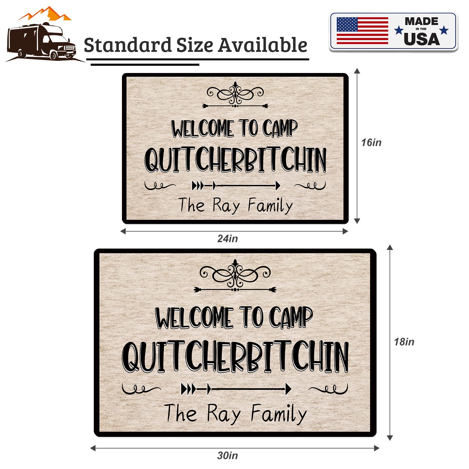 Personalized RV Welcome Doormat - Custom Camping Mat with Family Name, Non-Slip Outdoor Rug for Trailers & RVs, 16