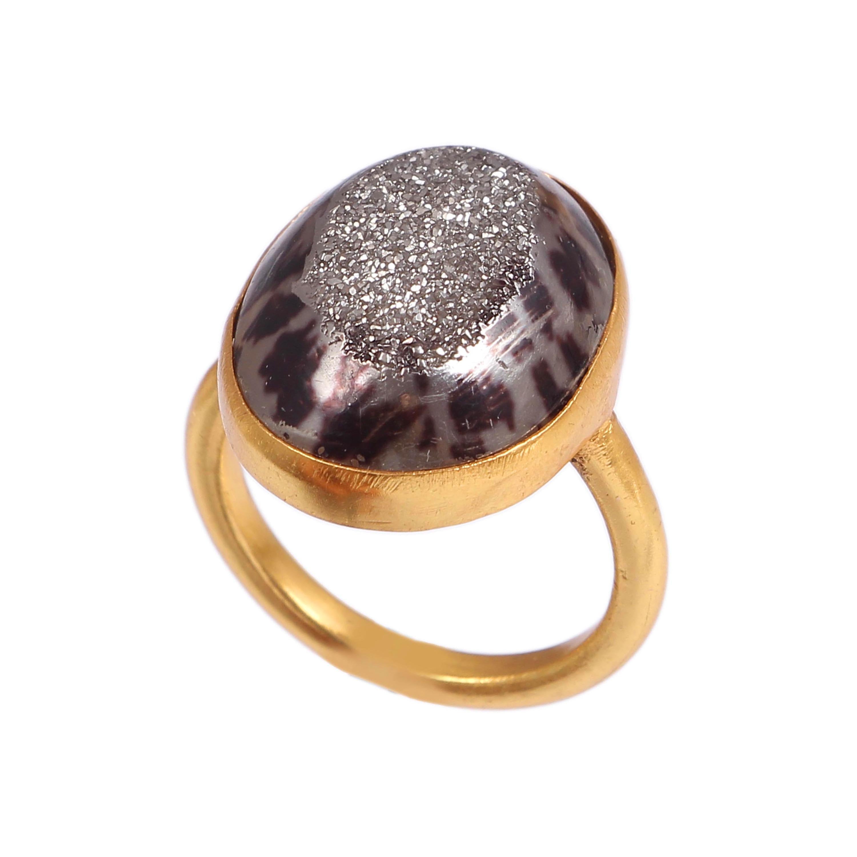 Brass Gold Plated Oval Black Druzy Gemstone Ring - Handmade Boho Minimalist Jewelry for Women - Perfect Gift for Her, Birthday, Anniversary & Everyday Wear