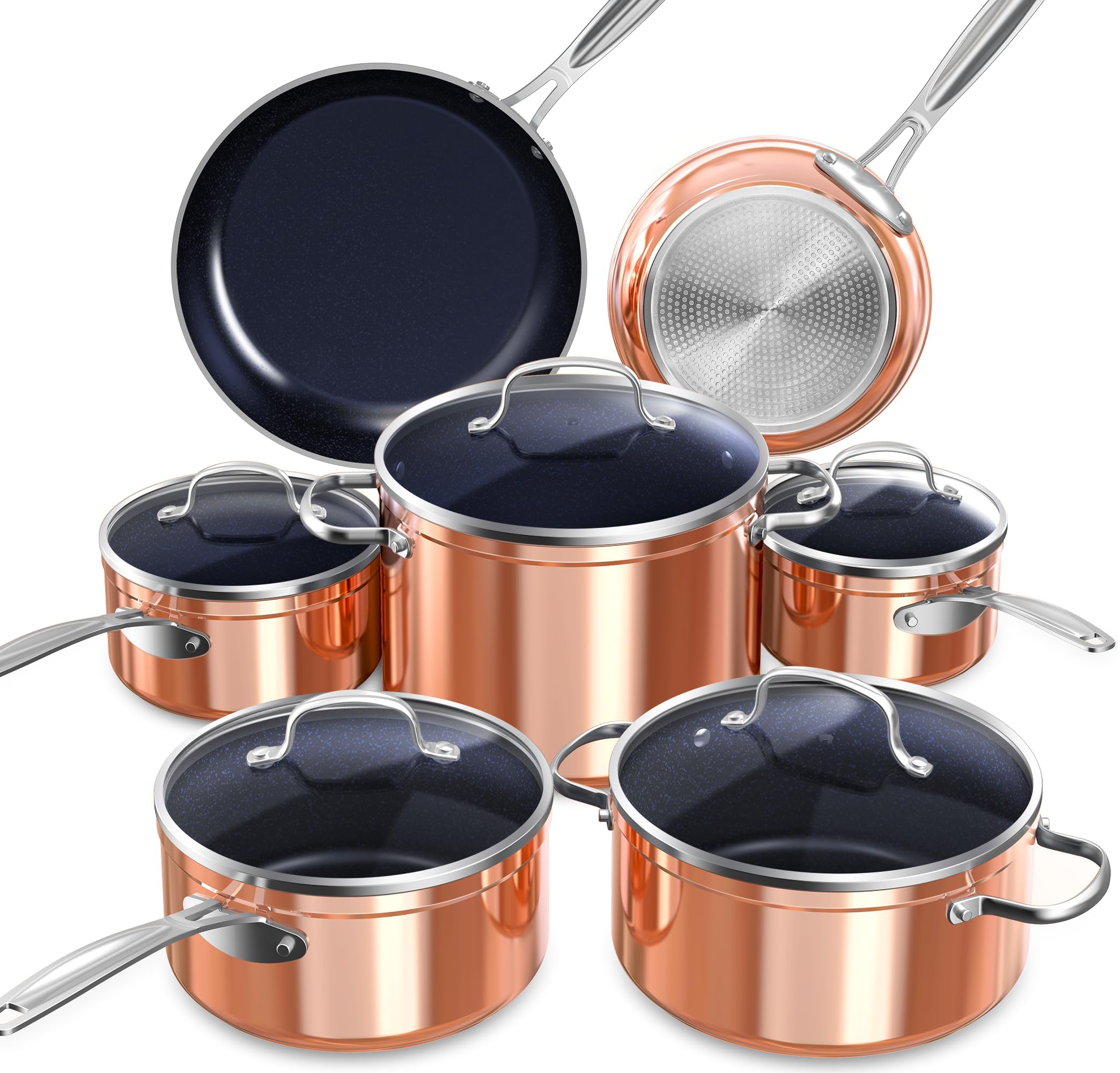 Nuwave Healthy Duralon Blue Ceramic Nonstick Cookware Set - Diamond Infused Scratch-Resistant, PFAS-Free, Dishwasher & Oven Safe, Induction Compatible, Even Heat Distribution with Tempered Glass Lids & Stay-Cool Handles - Perfect for Healthy Cooking, Frying, Baking & Everyday Meal Prep