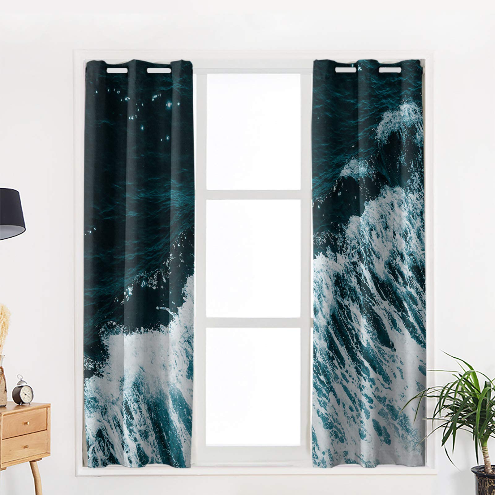 Thermal Insulated Room Darkening Curtains Set of 2 - Ocean Wave Blue Print Blackout Drapes 52x96 Inch for Bedroom & Bathroom | Energy Saving Window Treatment for Summer & Winter