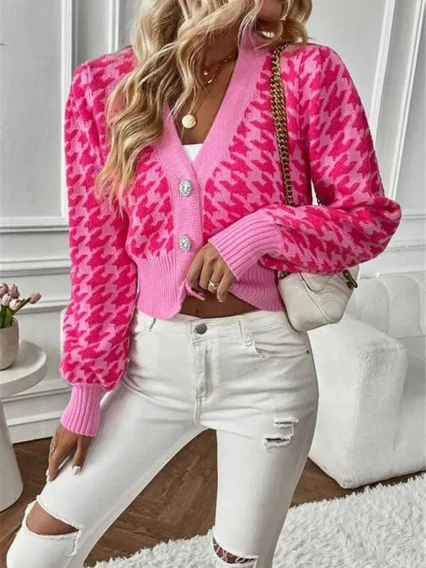 Houndstooth Pattern Lantern Sleeve Cardigan Sweater for Women - Cozy Fall & Winter Knitwear for Office, Date Night and Casual Outfits