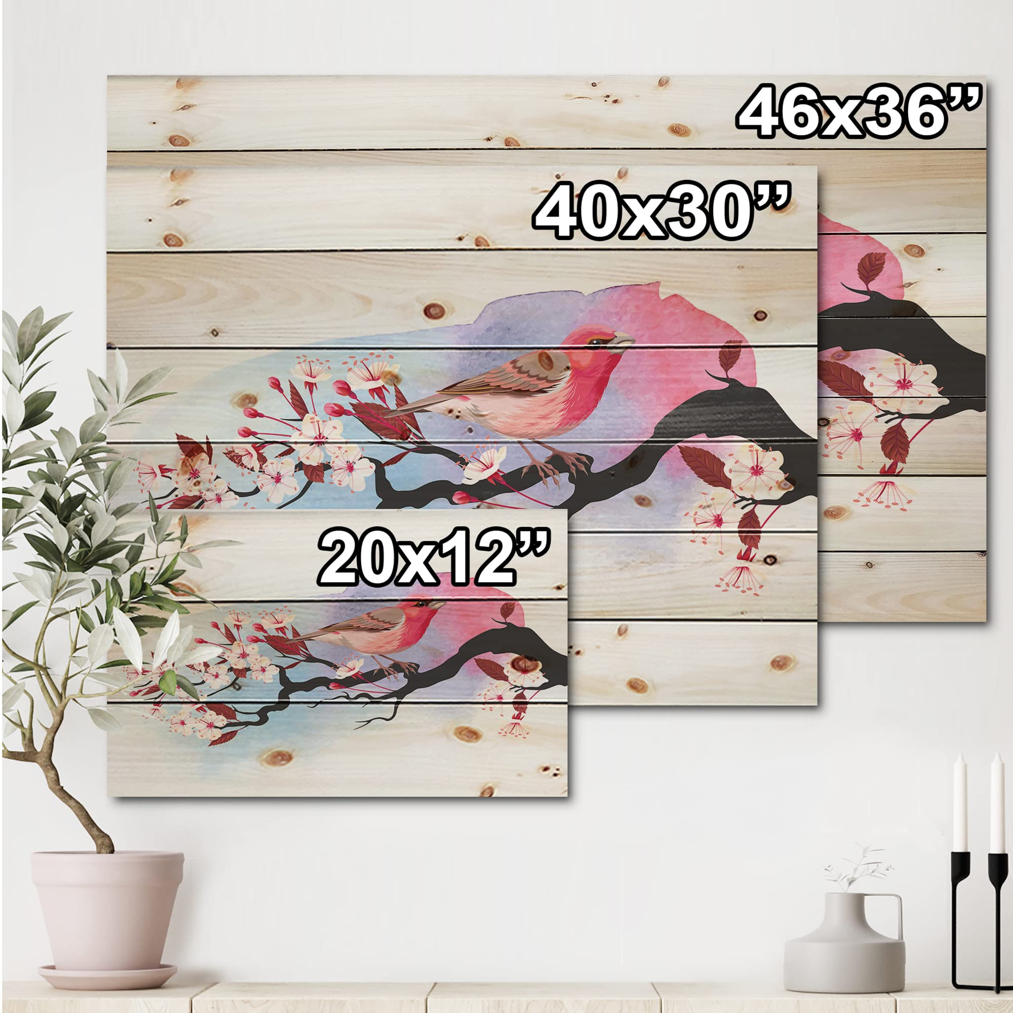 DesignQ Pink Bird on Cherry Branch Traditional Wood Wall Decor - Large Pink Wood Wall Art with Animal Print on Natural Pine - Perfect for Living Room, Bedroom & Nursery Decor