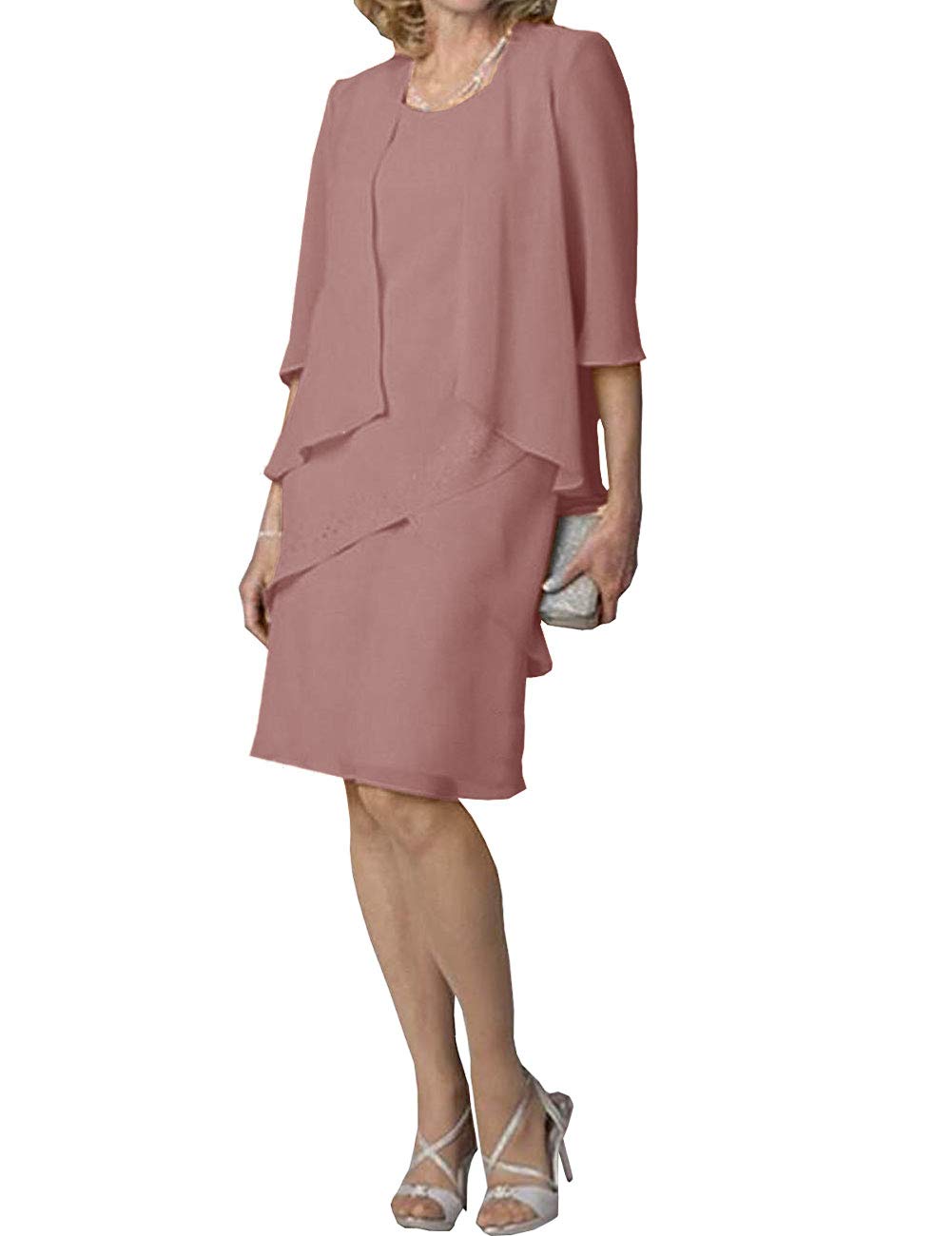 Elegant Mother of The Bride Dresses - Short Evening Formal Dress with 3/4 Sleeve Chiffon Jacket & Tiered Skirt | Perfect for Weddings, Parties & Special Occasions