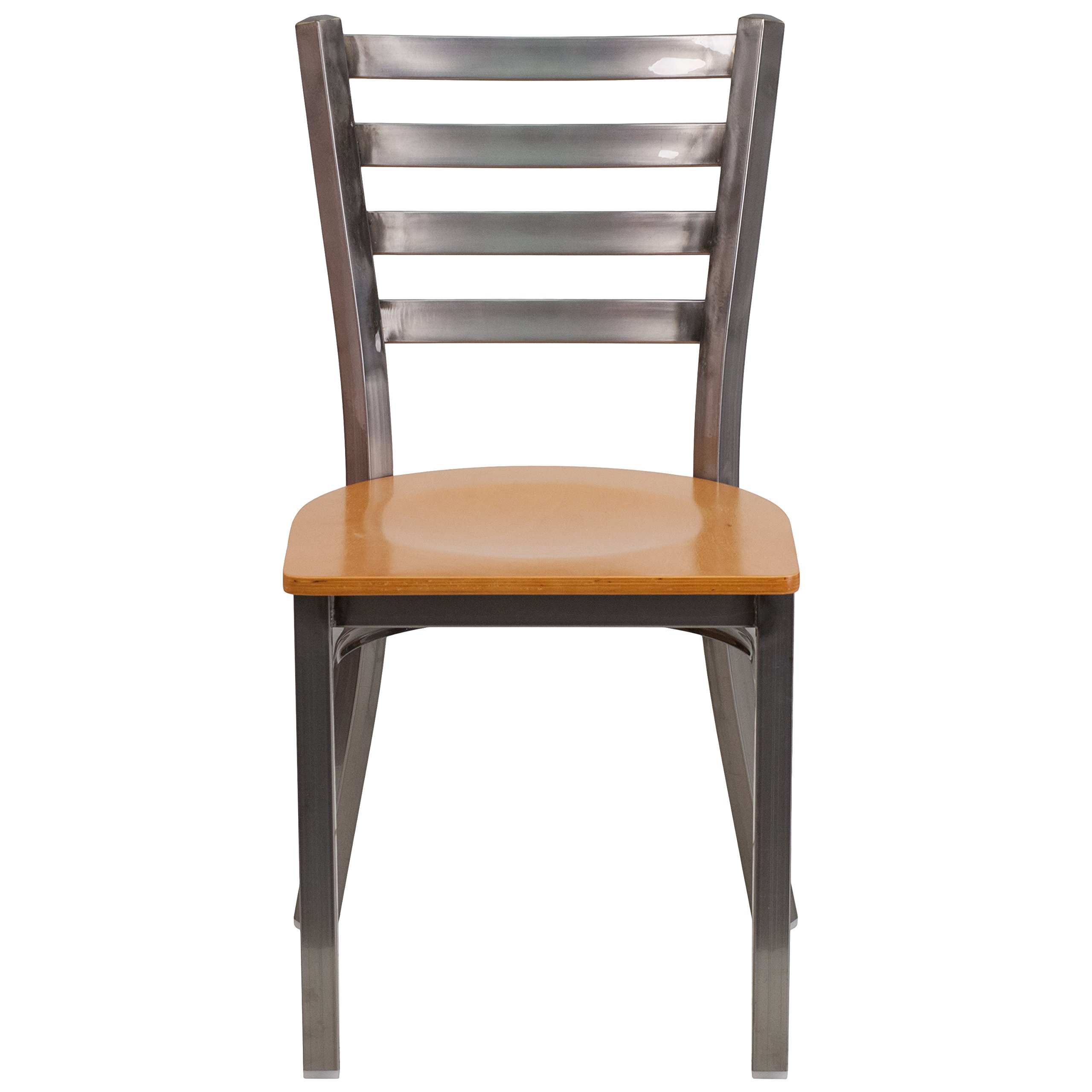 EMMA + OLIVER Clear Coated Ladder Back Metal Dining Chair with Natural Wood Seat - Modern Kitchen & Dining Room Furniture for Home, Restaurant & Cafe Use