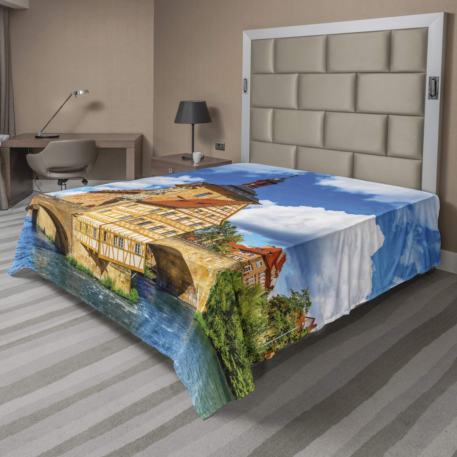 Ambesonne Queen Size Travel Flat Sheet - Soft Comfortable Decorative Top Sheet with Bamberg Germany City Hall European Townscape Design, Multicolor | Perfect for Home, Hotel & Vacation Bedding