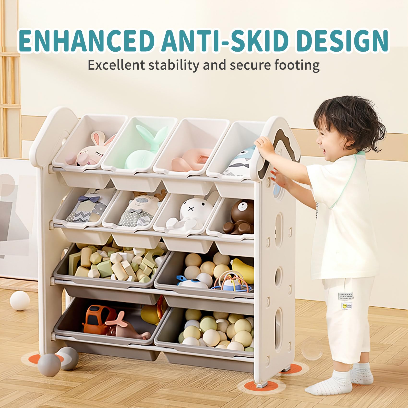 UNICOO® 4-Tier Kids Toy Storage Cabinet with 12 Bins - Montessori Style Organizer Shelf for Nursery, Playroom & Study Room - Durable White Toy Organizer for Educational Toys, Books & Crafts | Perfect for Daycare, Preschool & Homeschool Organization